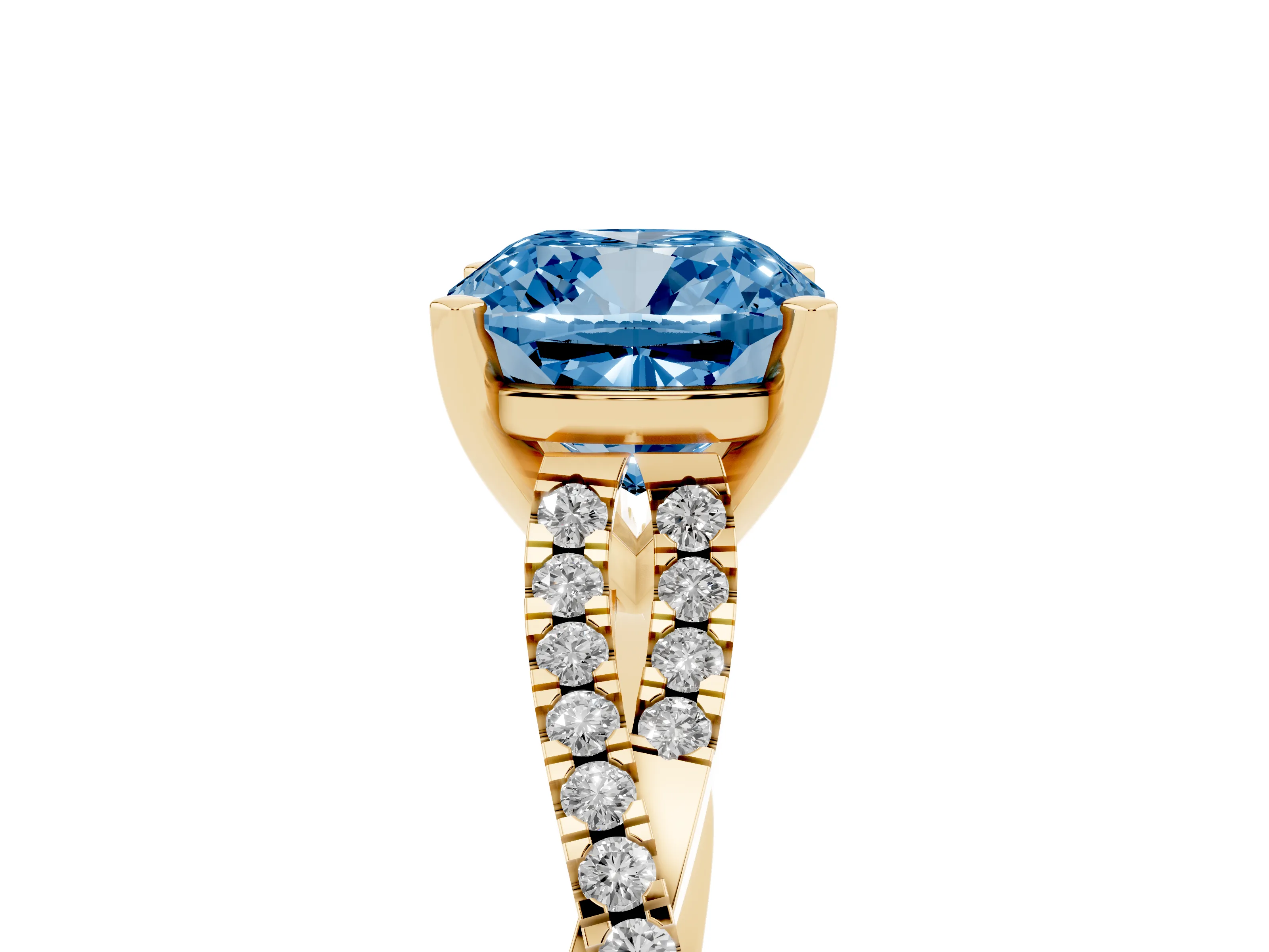 Fancy Blue Cushion Cut Diamond Solitaire Engagement Ring Set in Yellow gold with Twisted Pavé Band and Prong Setting