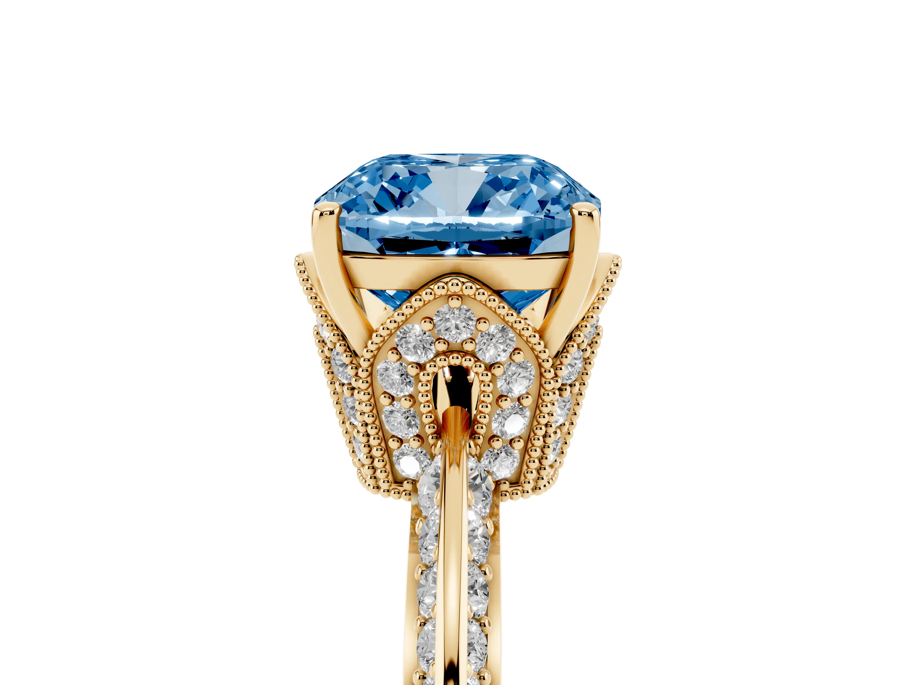 Fancy Blue Cushion Cut Diamond Solitaire Engagement Ring Set in Yellow gold with Pavé Split Shank and Prong Setting