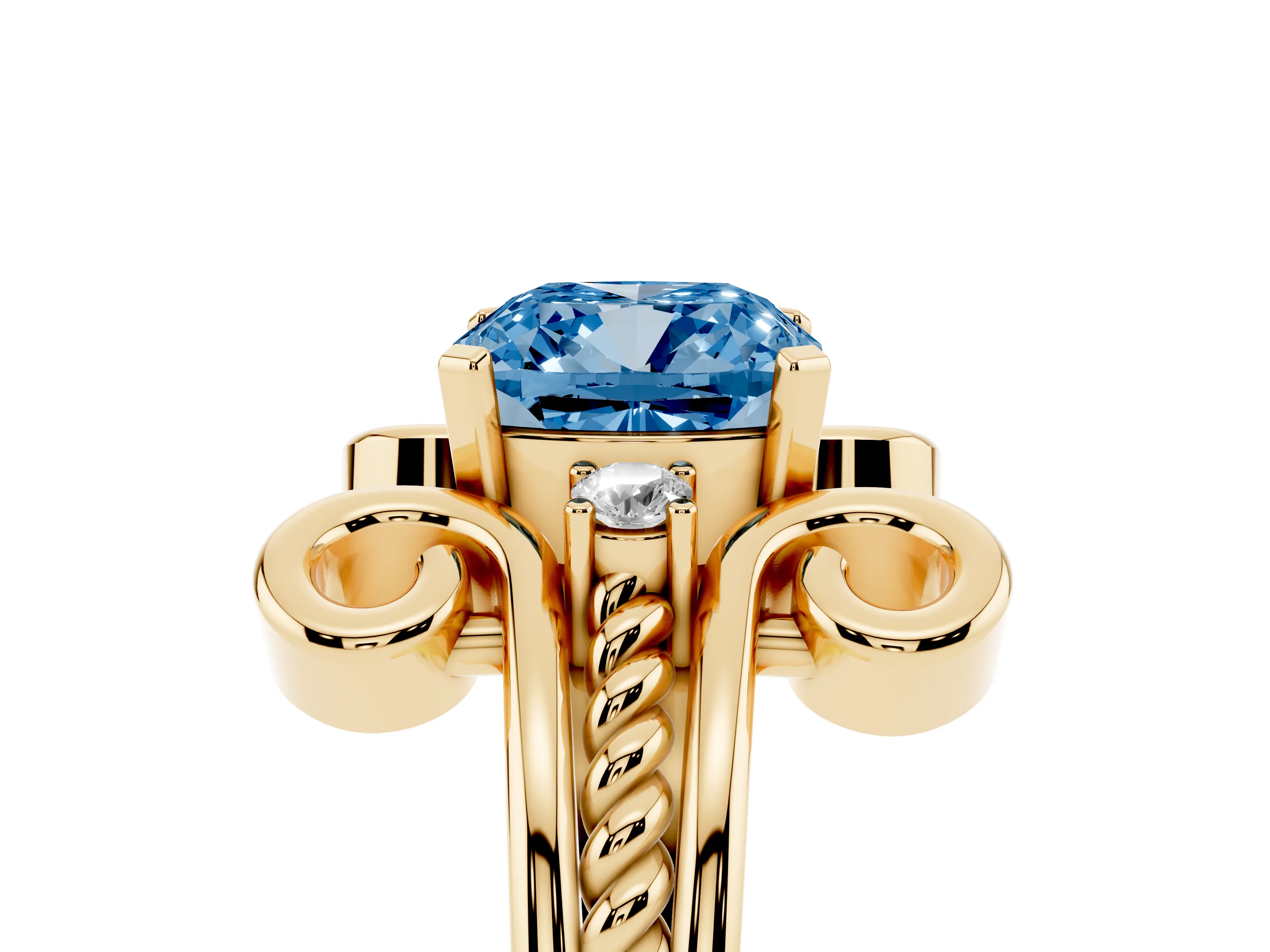 Fancy Blue Cushion Cut Diamond Twisted Band Solitaire Ring Set in Yellow gold with Scroll Prongs