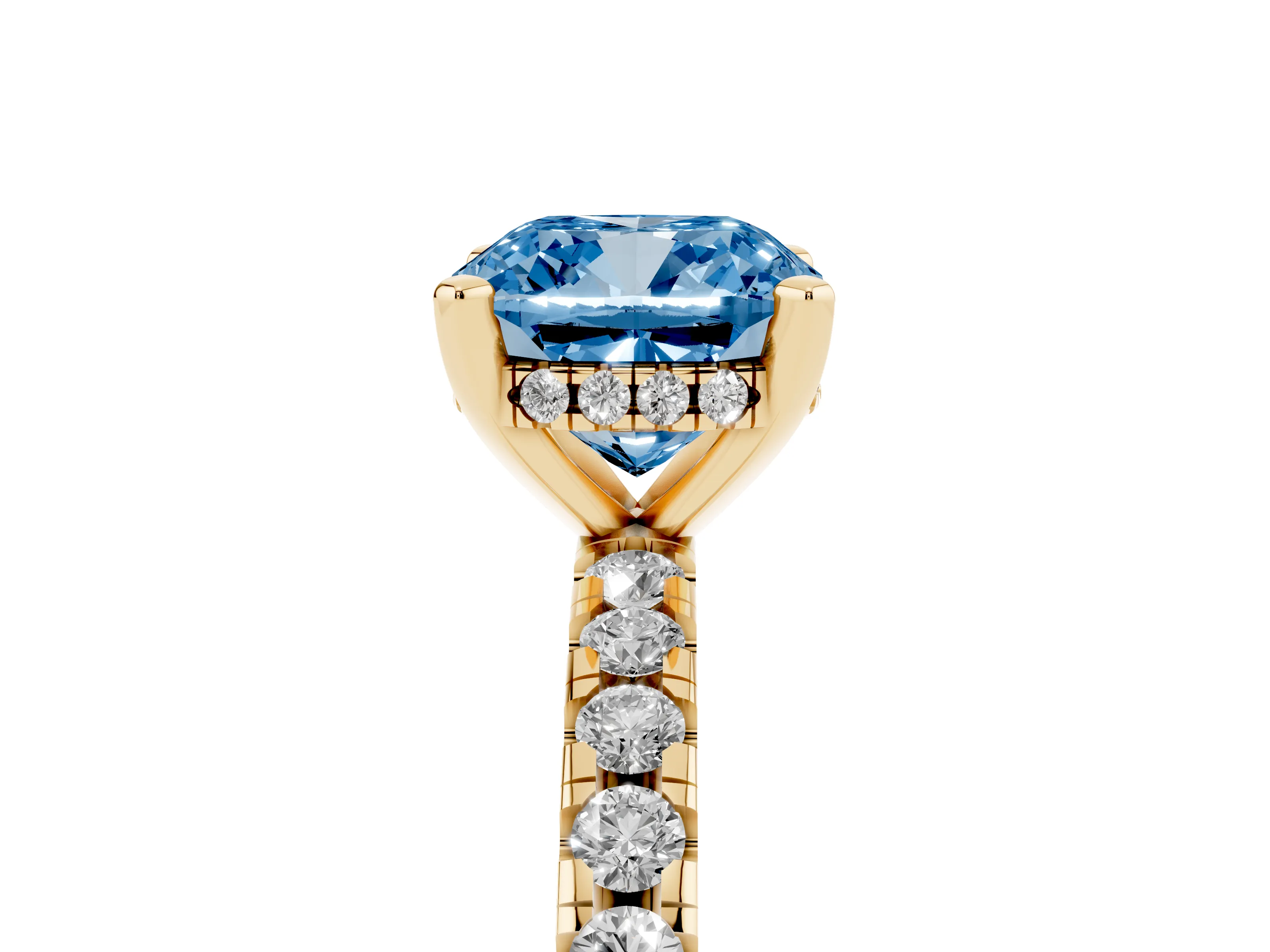 Fancy Blue Cushion Cut Diamond Pavé Solitaire Ring Set in Yellow gold with Round Band Accents and Prong Setting