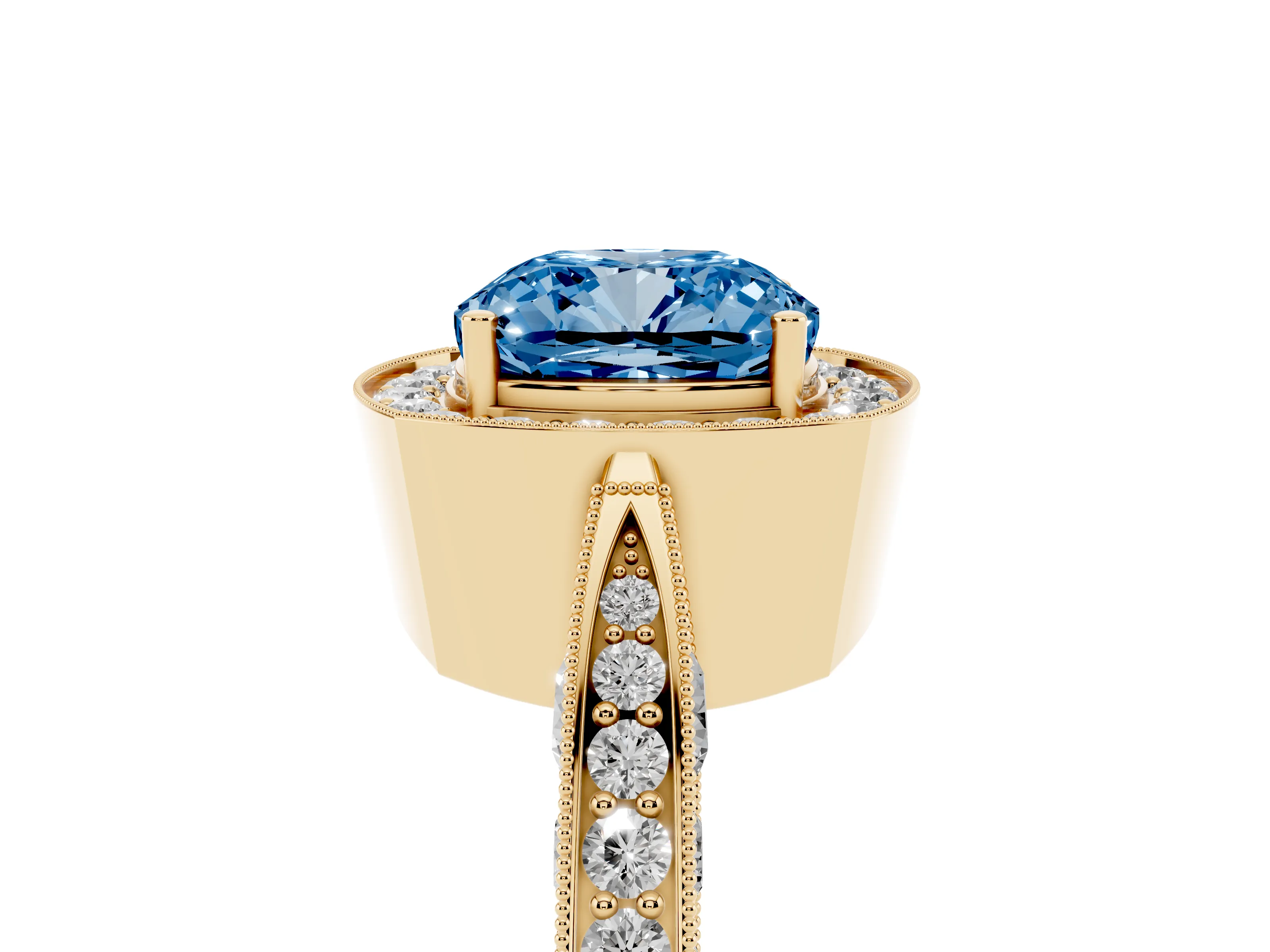 Fancy Blue Cushion Cut Diamond Halo Engagement Ring Set in Yellow gold with Accent Split Shank Band