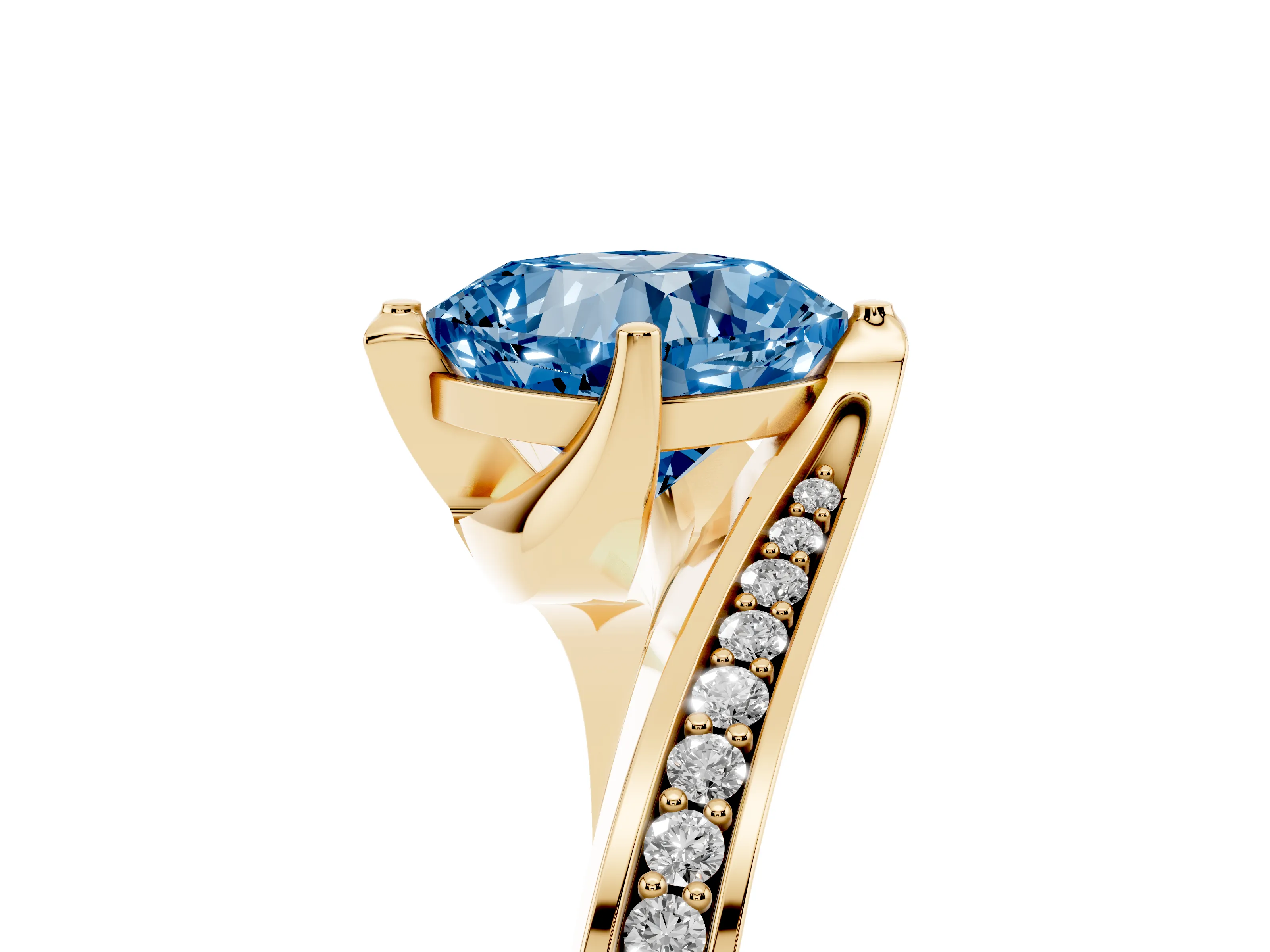 Fancy Blue Cushion Cut Diamond Solitaire Ring Set in Yellow gold with Intertwined Pavé Twist Band