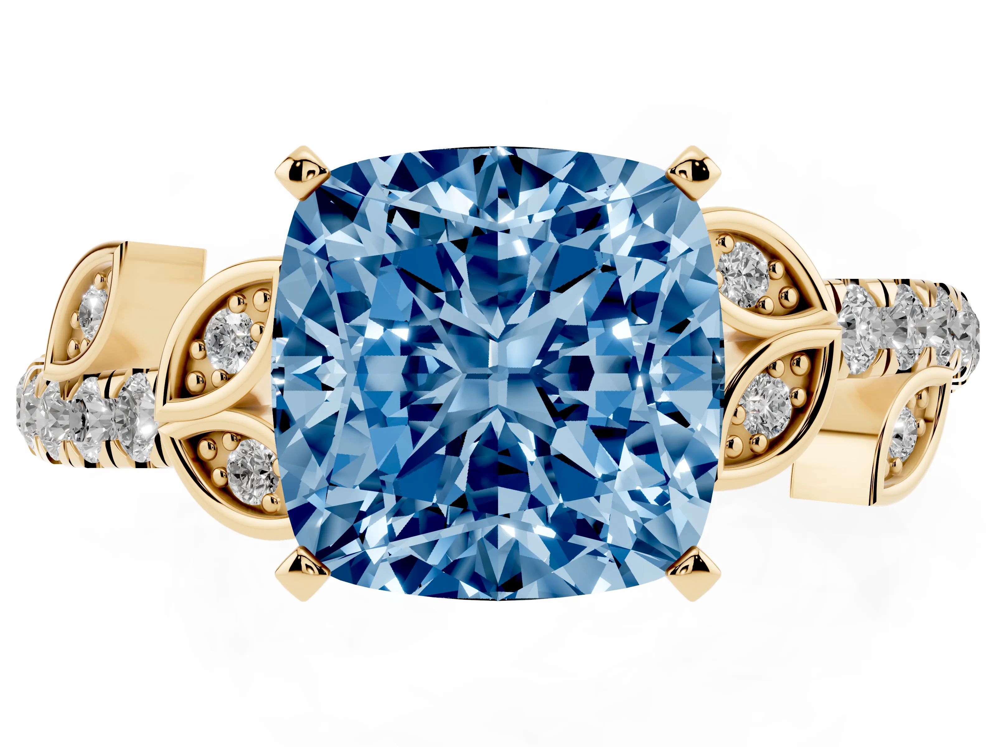 Fancy Blue Cushion Cut Diamond Solitaire Leaf-Inspired Ring Set in Yellow gold with Pavé Band and Prong Setting