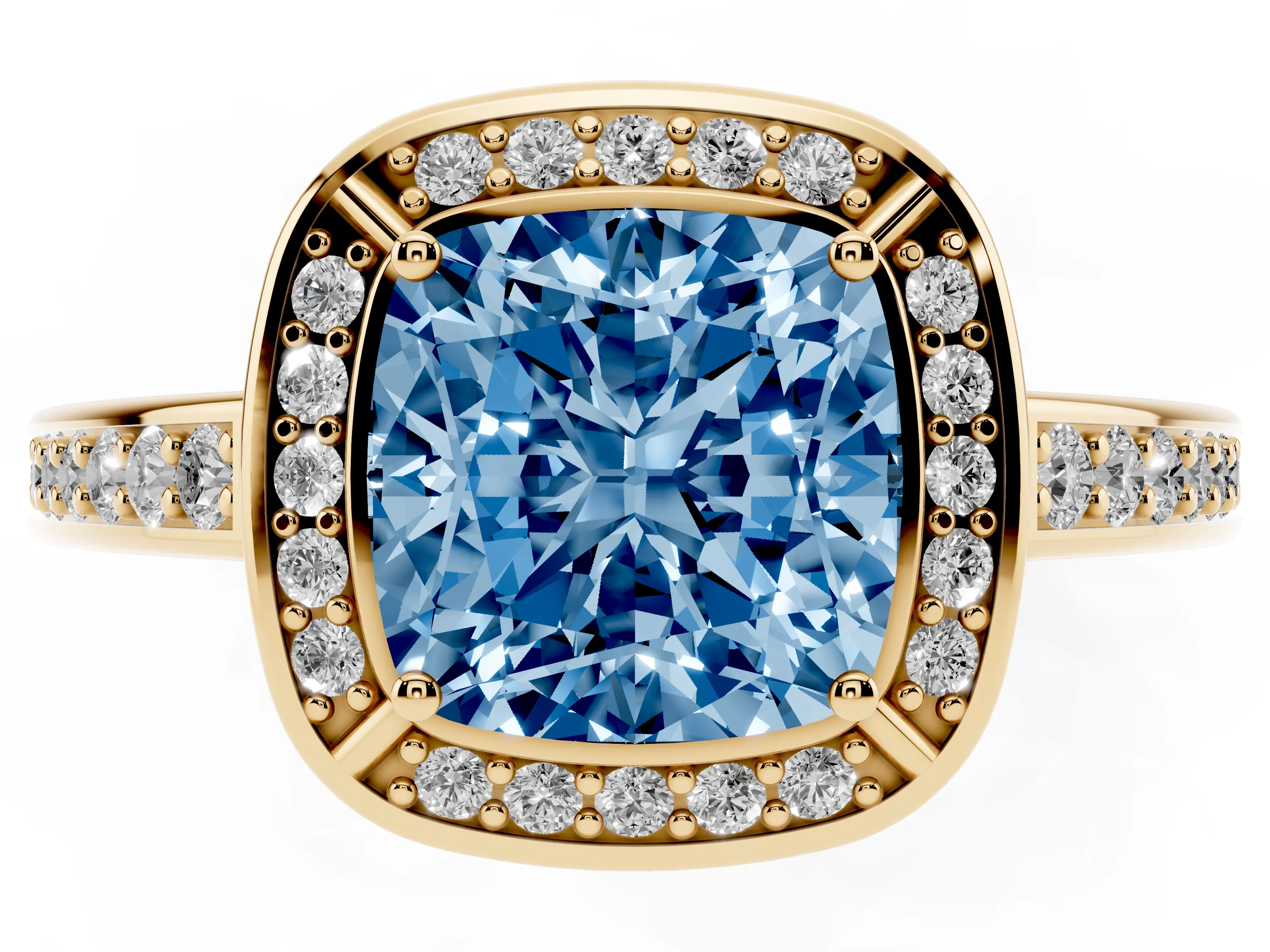 Fancy Blue Cushion Cut Diamond Halo Pavé Split Shank Ring Set in Yellow gold with Prong Setting