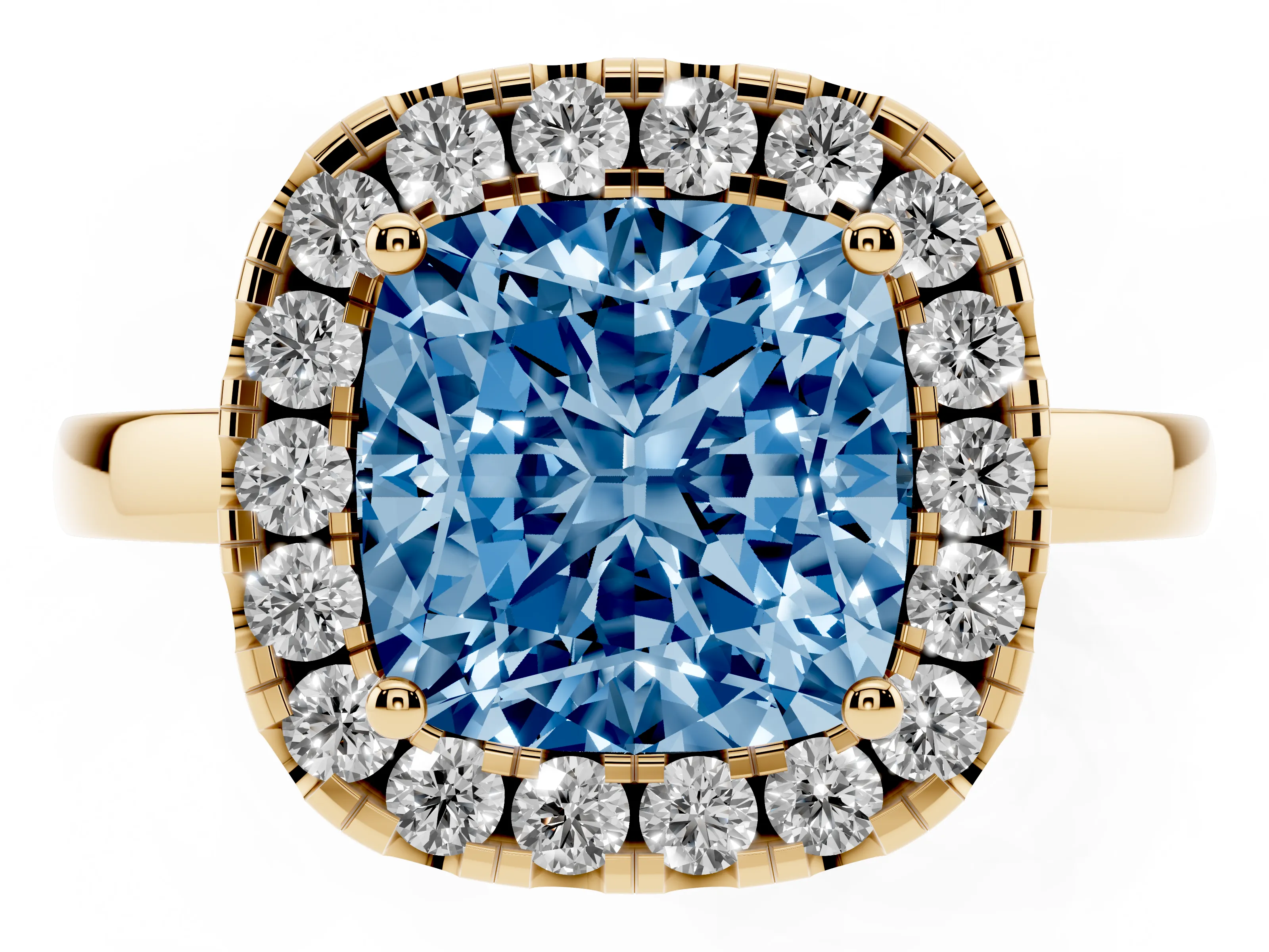 Fancy Blue Cushion Cut Diamond Halo Solitaire Ring Set in Yellow gold with Pavé Band and Prong Setting