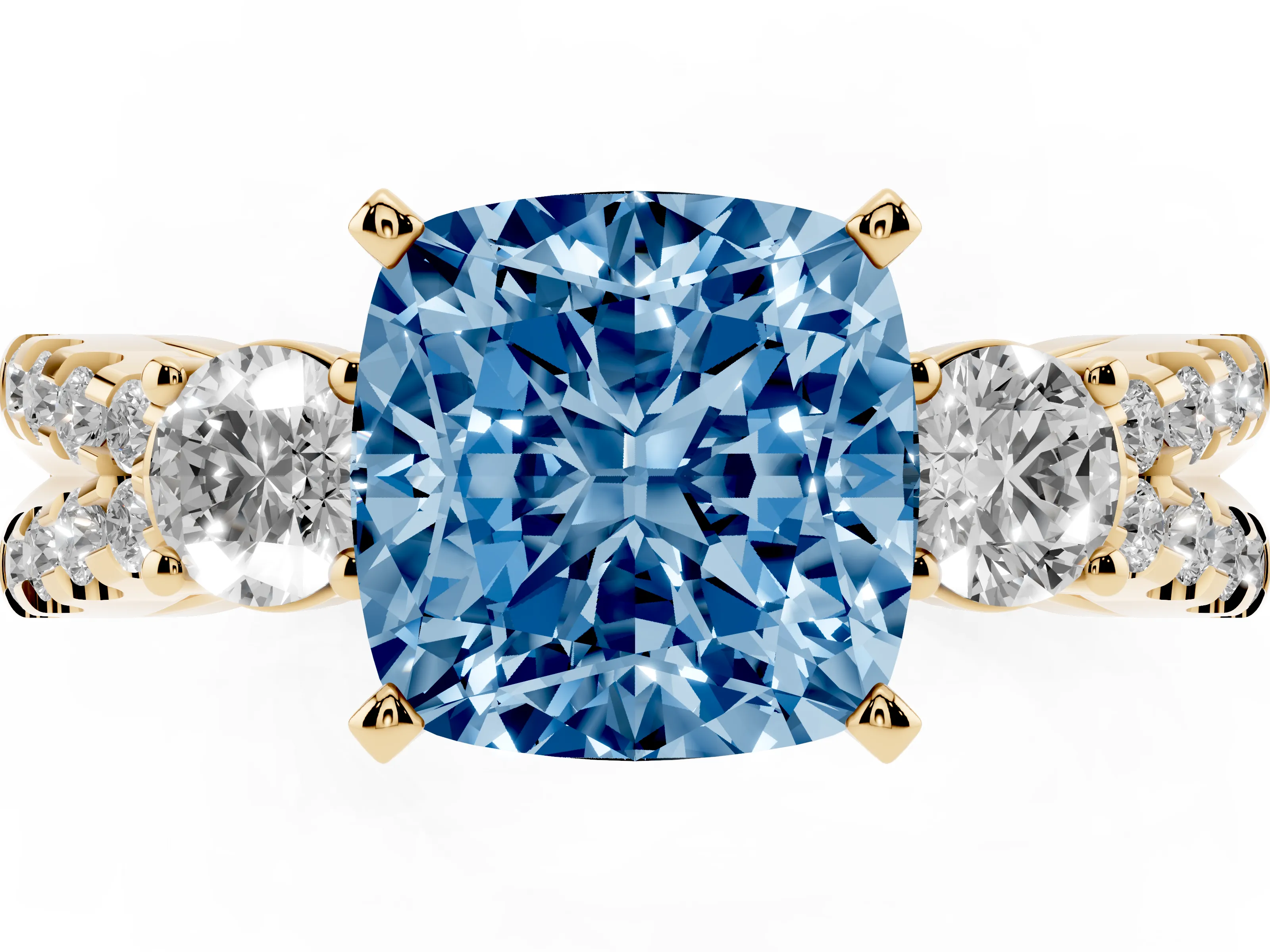 Fancy Blue Cushion Cut Diamond Three-Stone Ring Set in Yellow gold with Pavé Split Shank and Prong Setting
