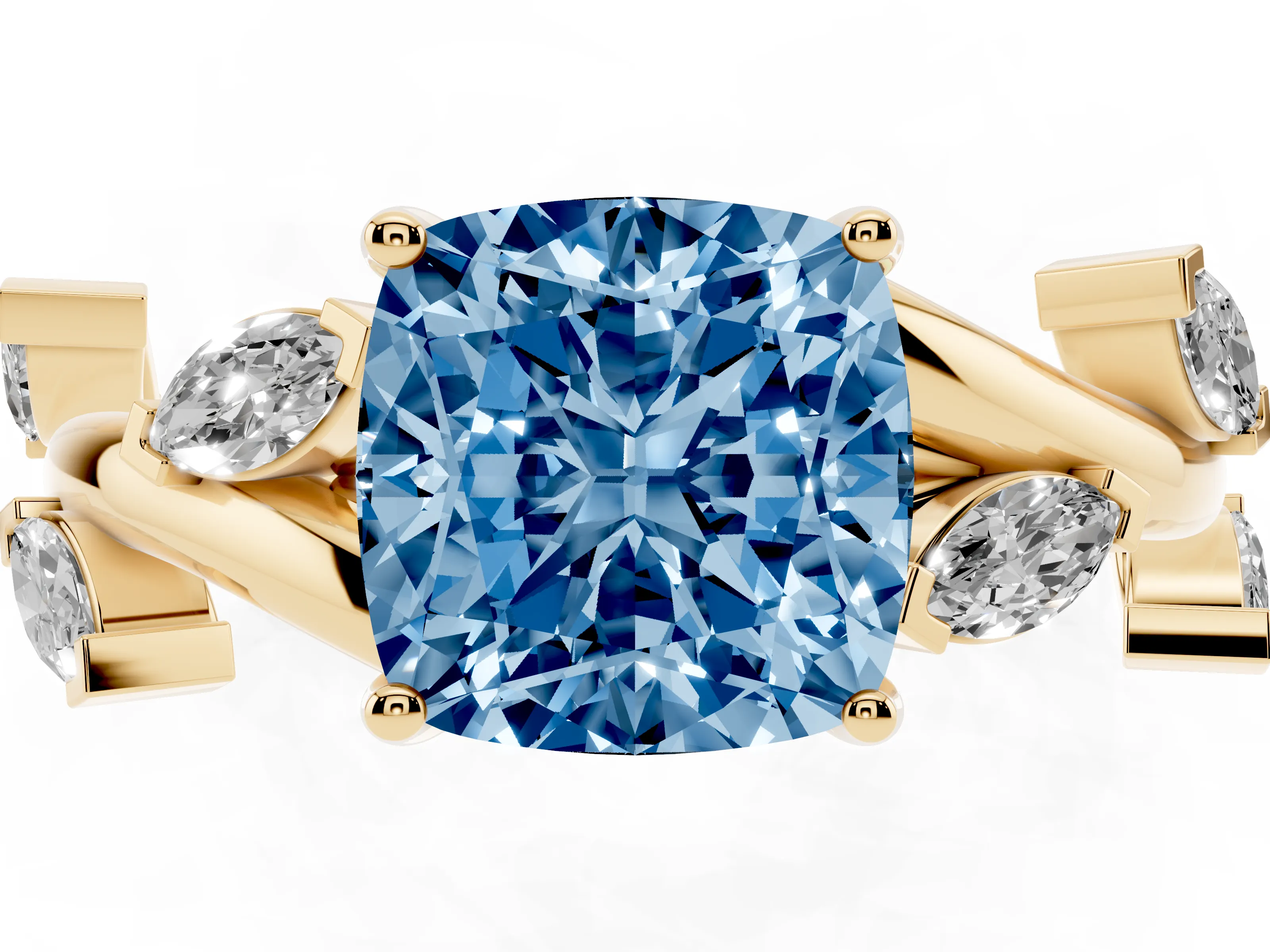 Fancy Blue Cushion Cut Diamond Solitaire Ring Set in Yellow gold with Twisted Marquise Accent Band