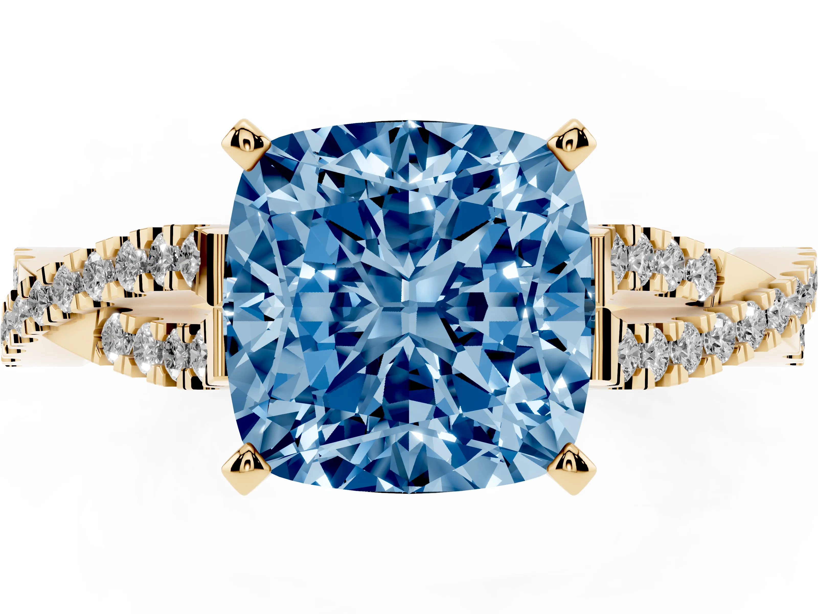 Fancy Blue Cushion Cut Diamond Solitaire Engagement Ring Set in Yellow gold with Twisted Pavé Band and Prong Setting