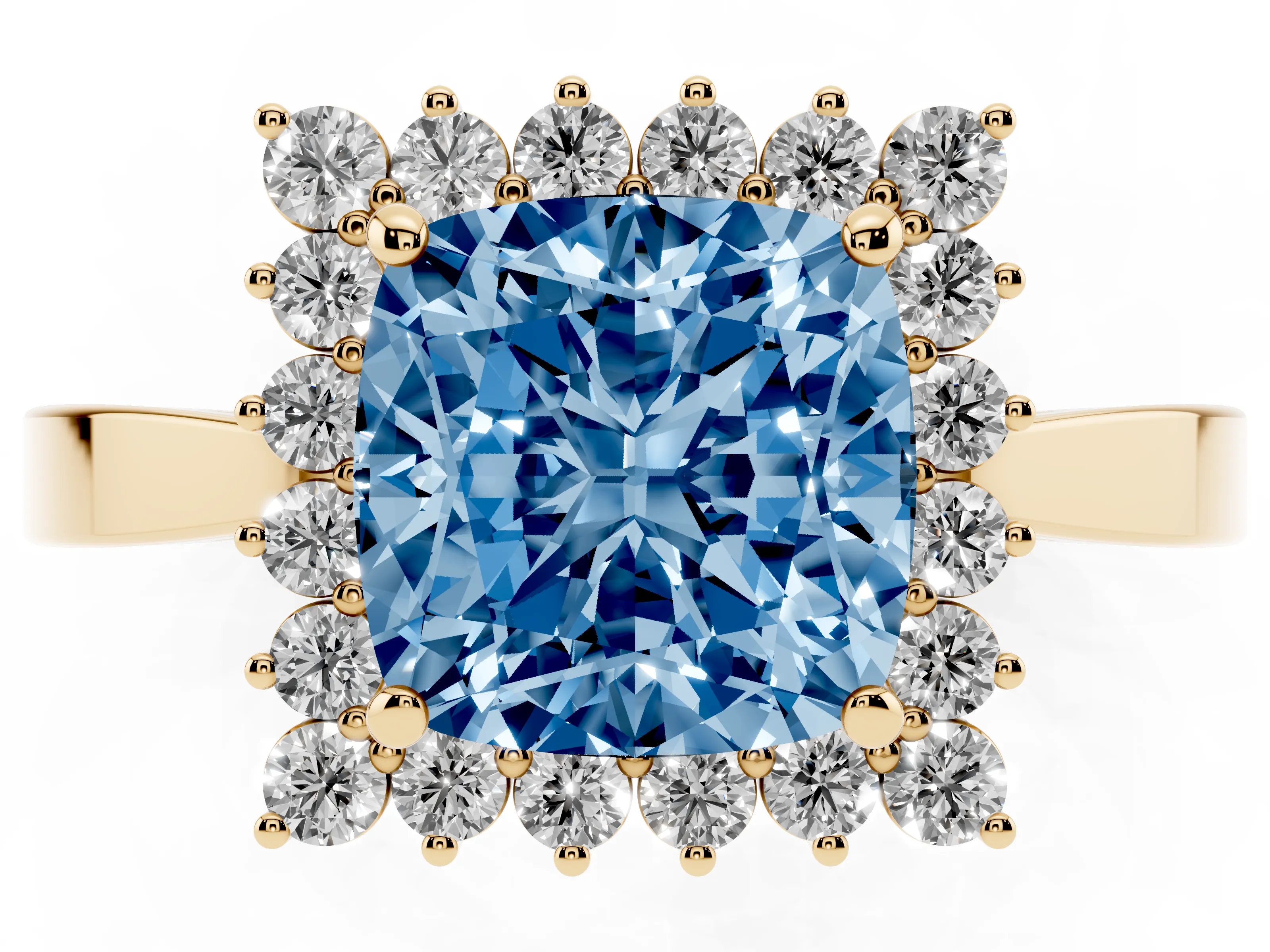 Fancy Blue Cushion Cut Diamond Halo Ring Set in Yellow gold with Round Halo and Smooth Solitaire Band