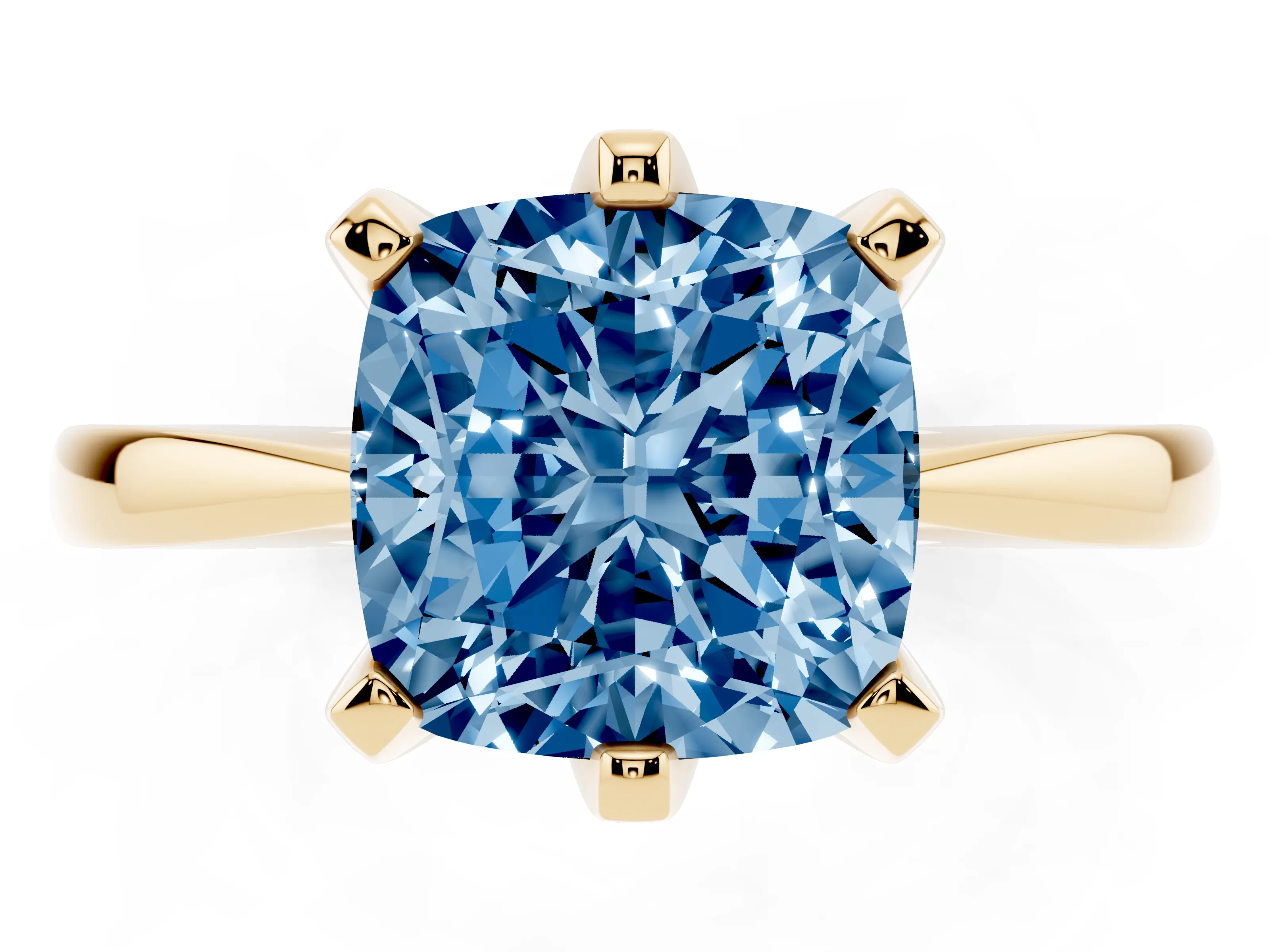 Fancy Blue Cushion Cut Diamond Solitaire Engagement Ring Set in Yellow gold with Slim Tapered Solitaire Band