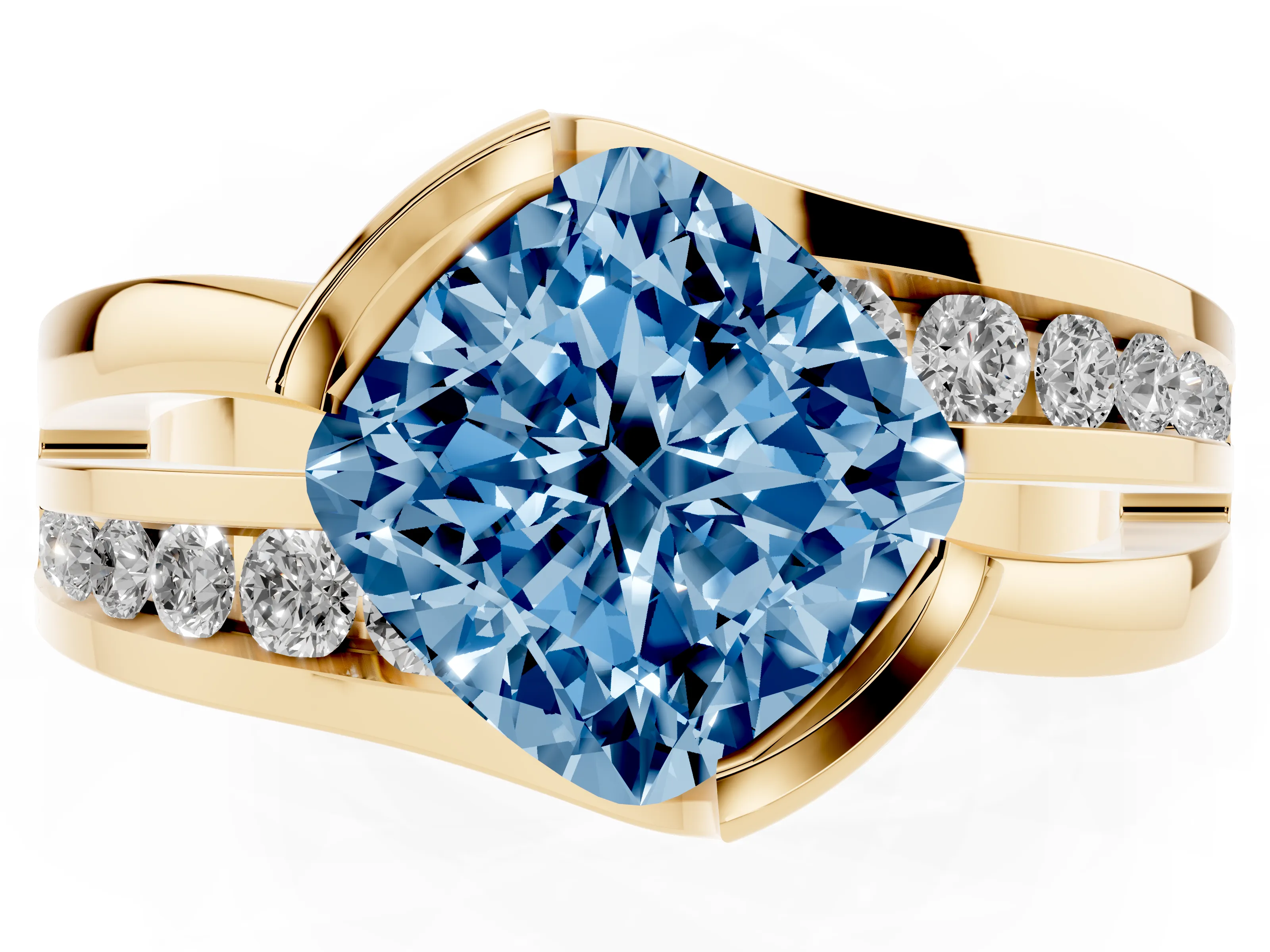 Fancy Blue Cushion Cut Diamond Solitaire Ring Set in Yellow gold with Channel Set Split Shank and Tension Prongs