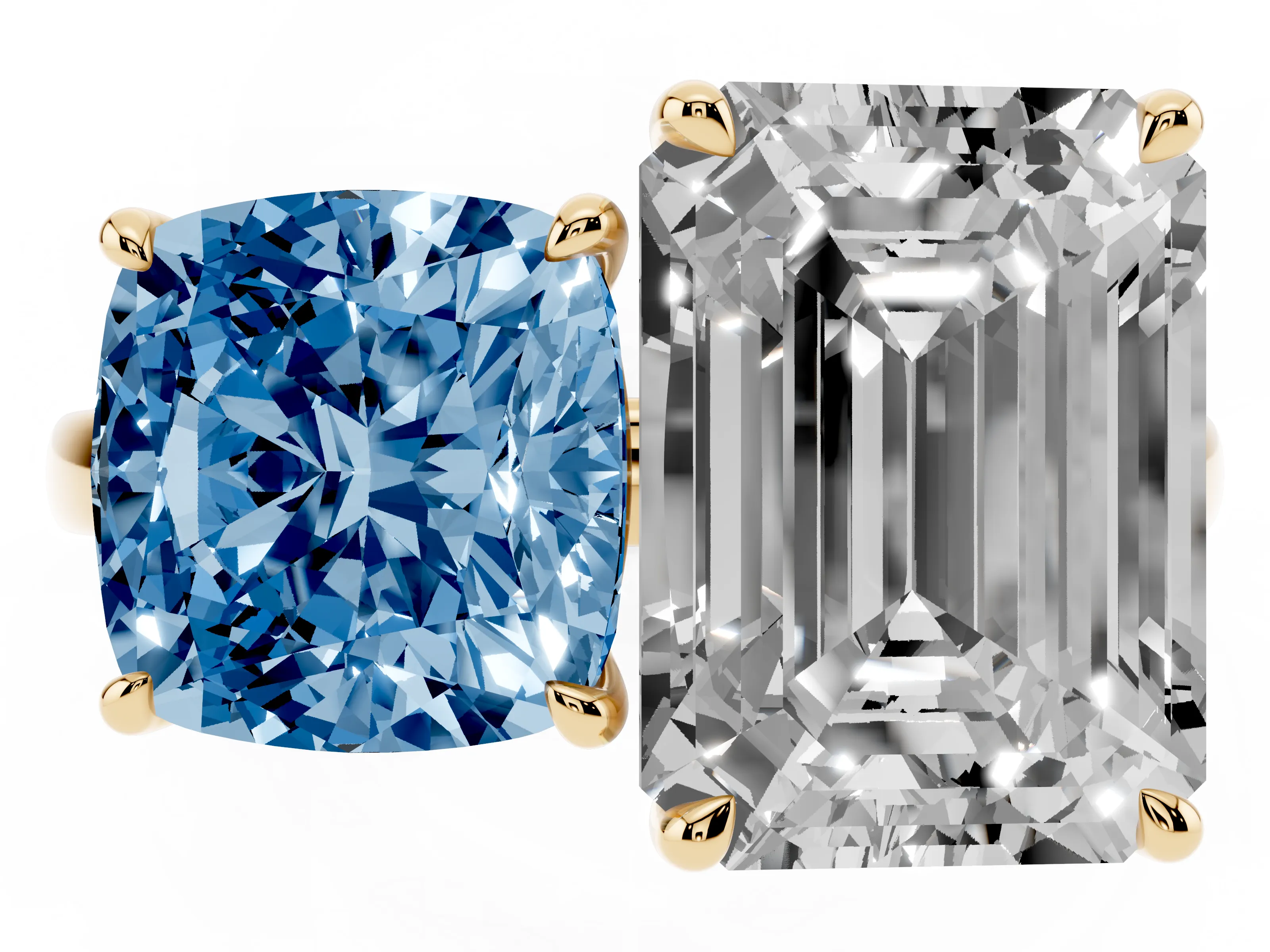 Fancy Blue Cushion Cut and Emerald Cut Toi Moi Ring Set in Yellow gold with Prong Setting
