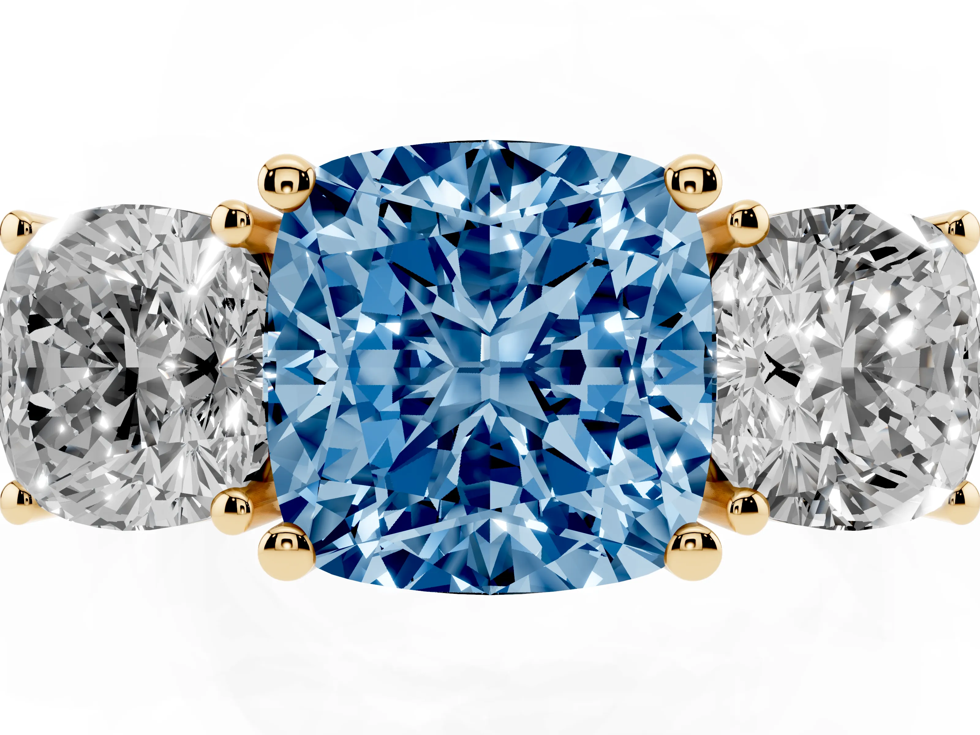Fancy Blue Cushion Cut Diamond Three-Stone Engagement Ring Set in Yellow gold with Flat Band
