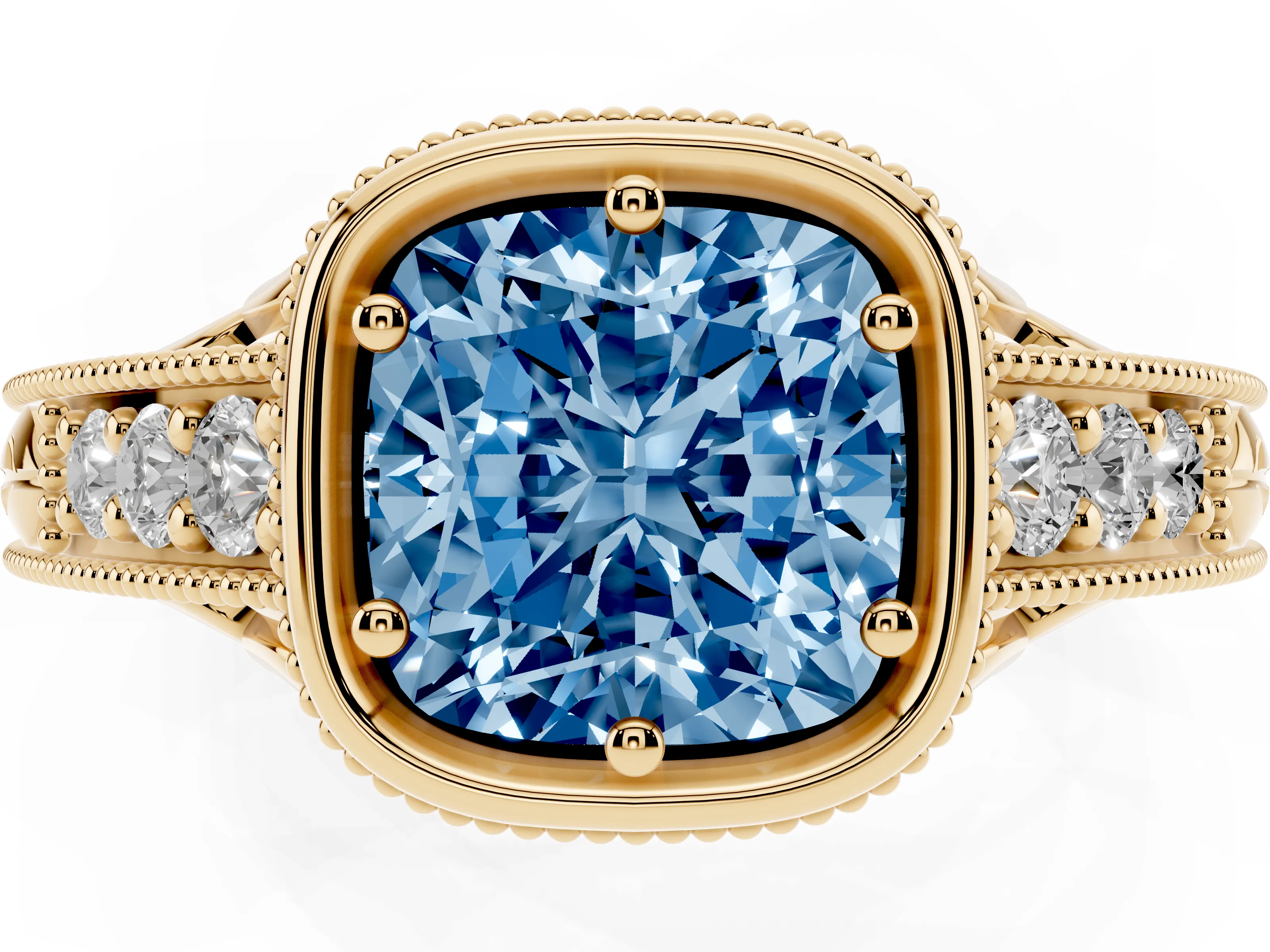 Fancy Blue Bezel Set Cushion Cut Diamond Milgrain Pavé Engagement Ring Set in Yellow gold