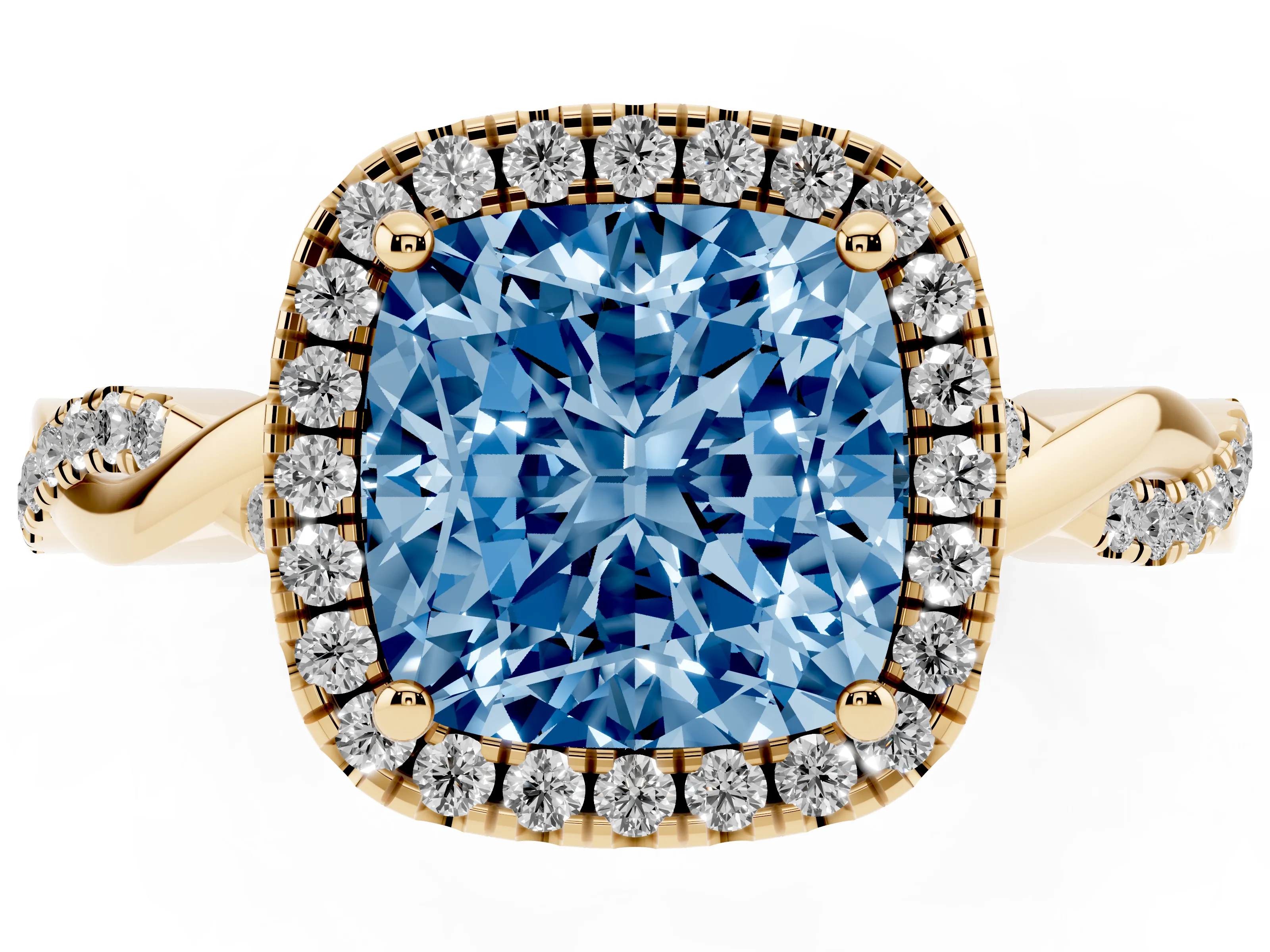 Fancy Blue Cushion Cut Diamond Halo Twisted Band Ring Set in Yellow gold with Prong Setting