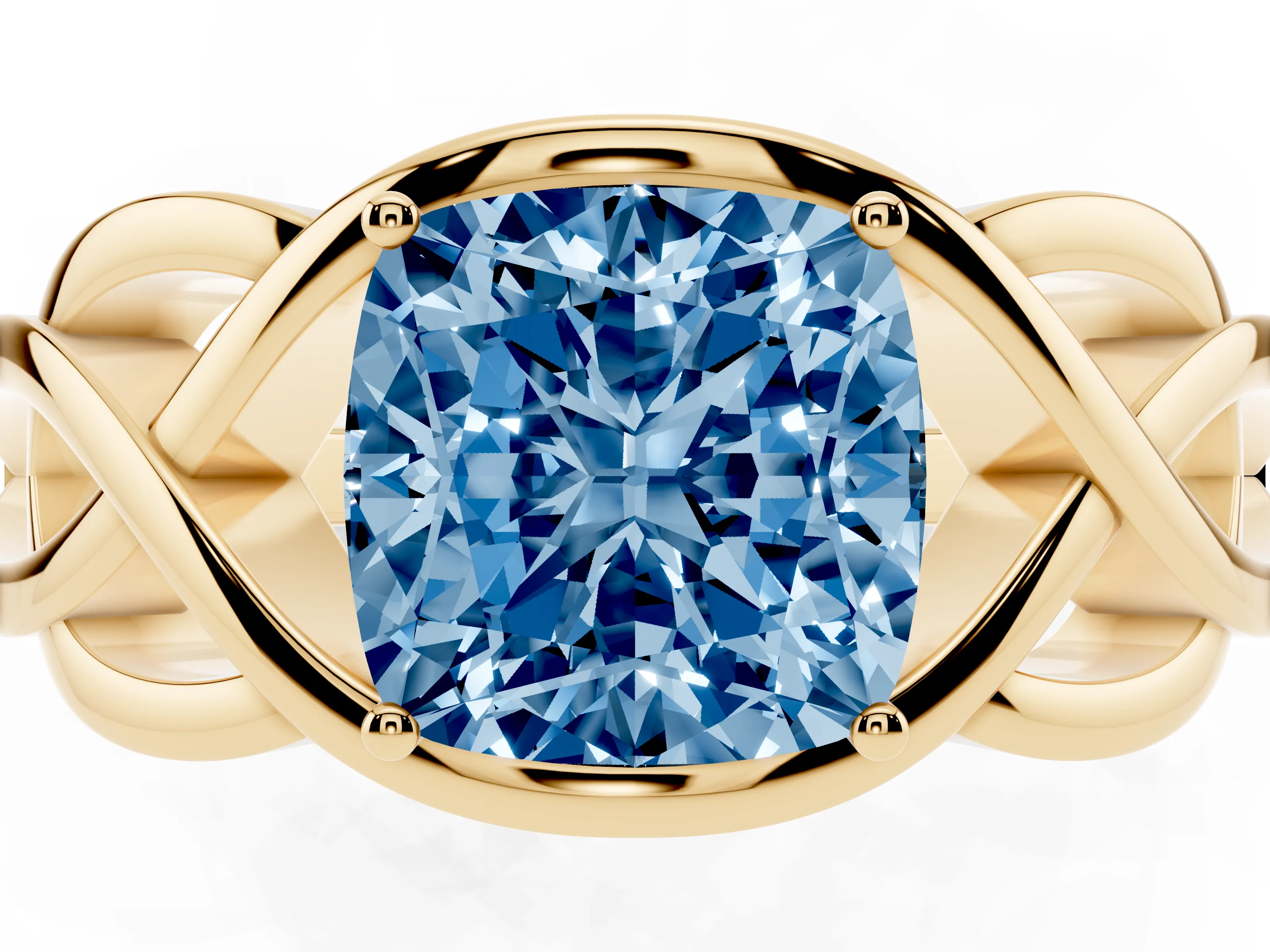 Fancy Blue Cushion Cut Diamond Solitaire Ring Set in Yellow gold with Intertwined Band