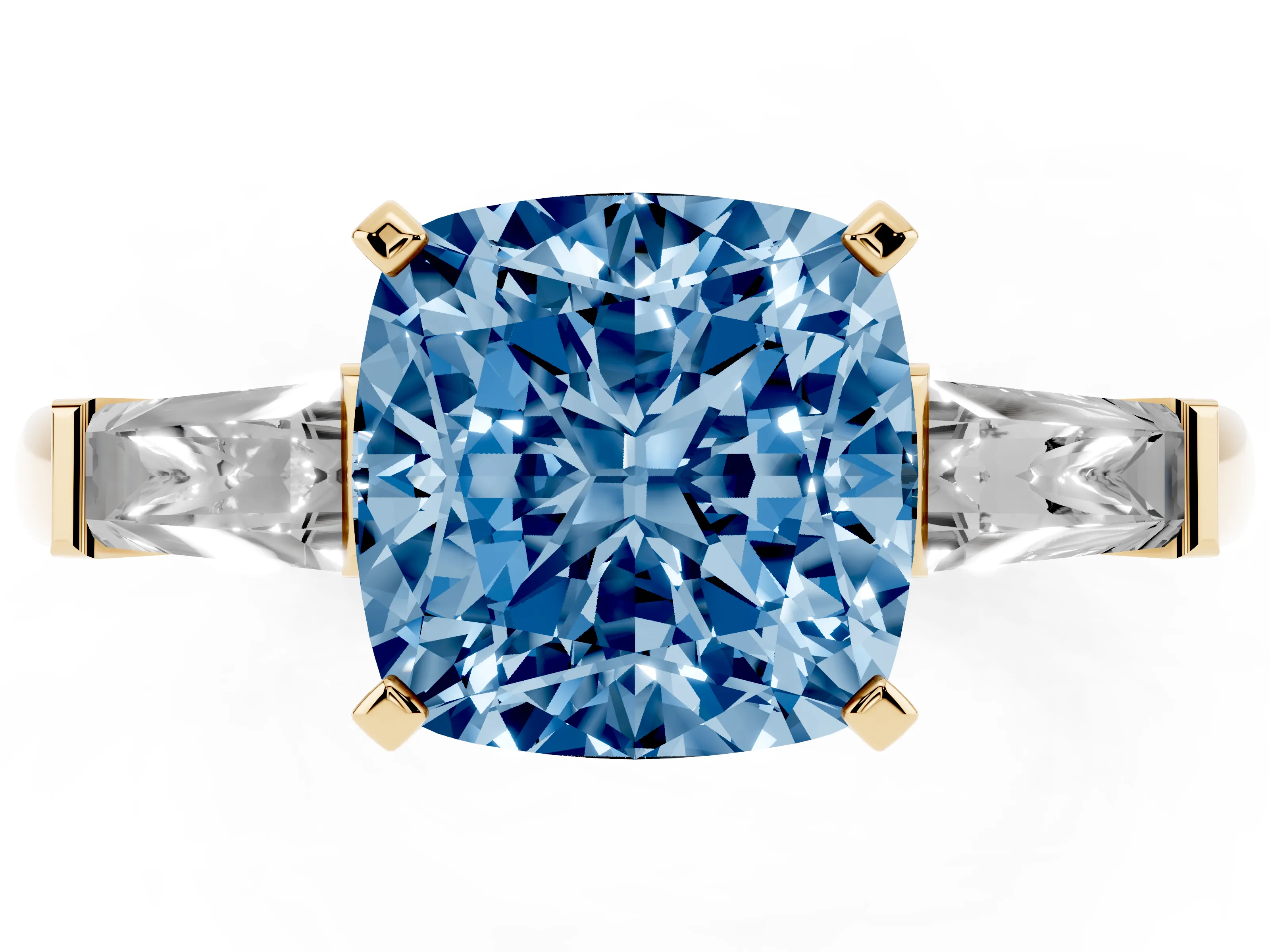 Fancy Blue Cushion Cut Diamond Solitaire Ring Set in Yellow gold with Tapered Baguette Side Stones and Prong Setting