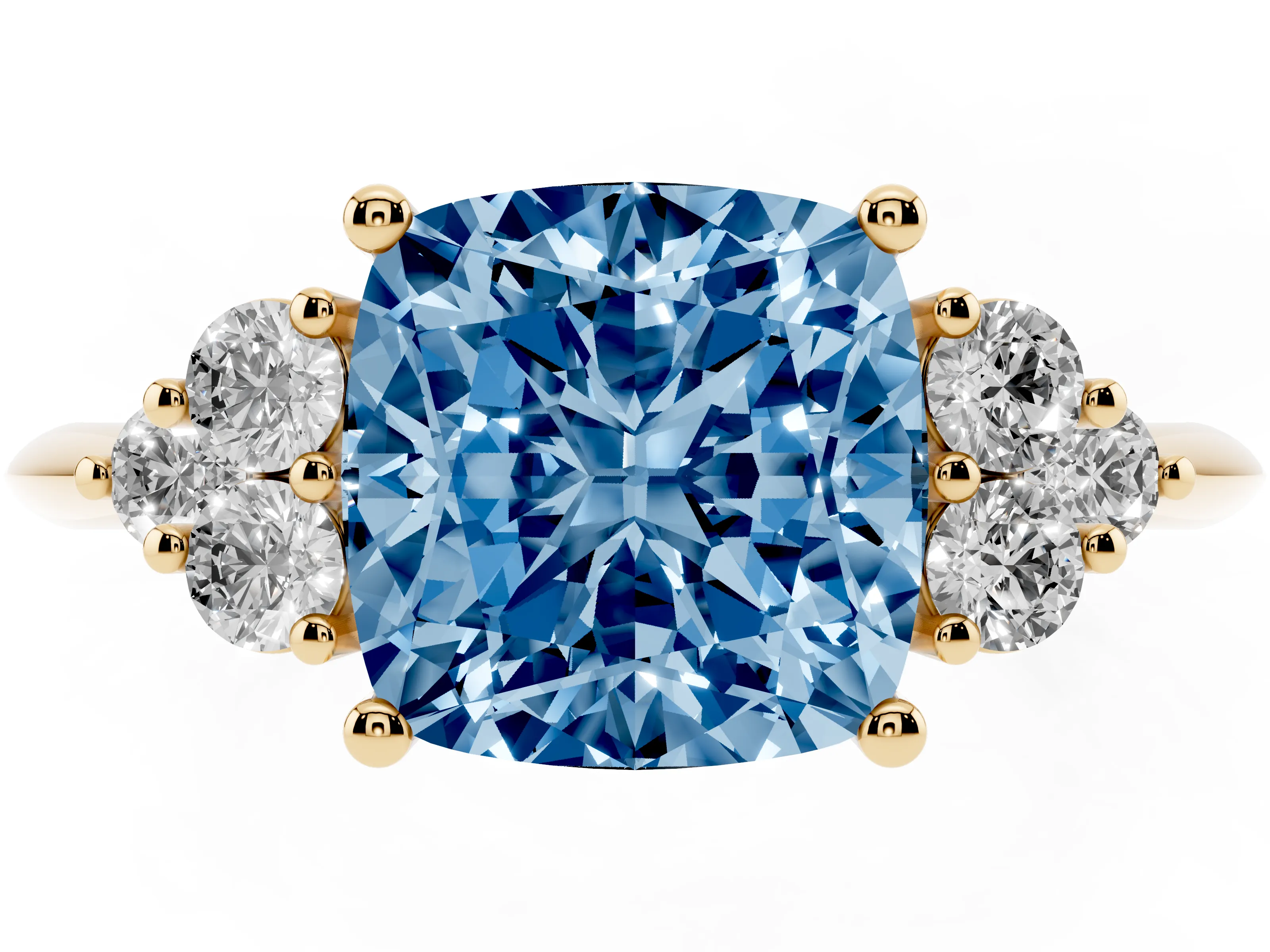 Fancy Blue Cushion Cut Diamond Cluster Ring Set in Yellow gold with Plain Band and Prong Setting