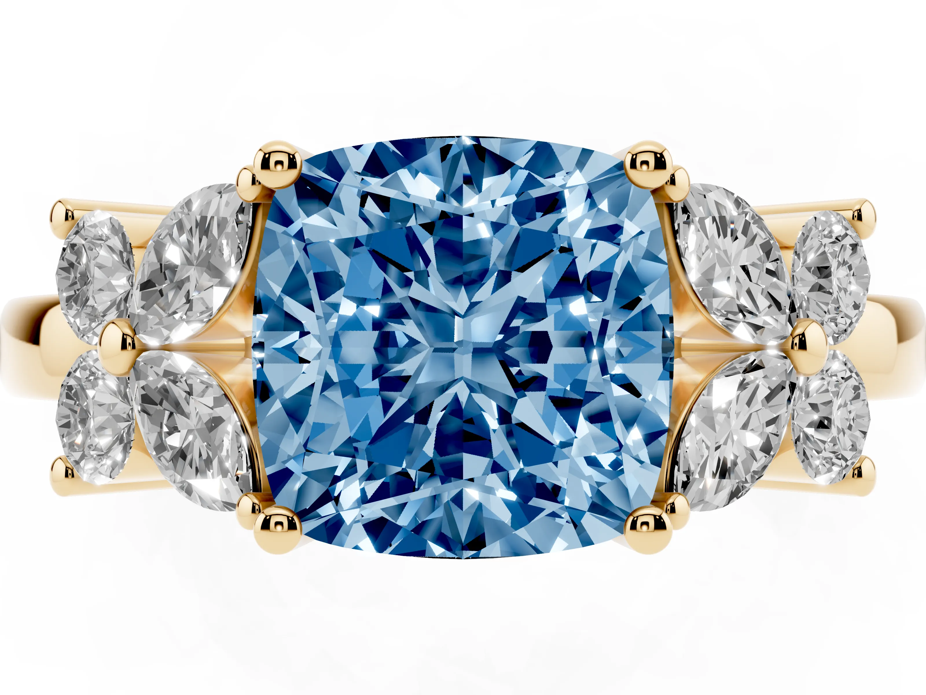 Fancy Blue Cushion Cut Diamond Floral Cluster Ring Set in Yellow gold with Marquise Petals and Prong Setting