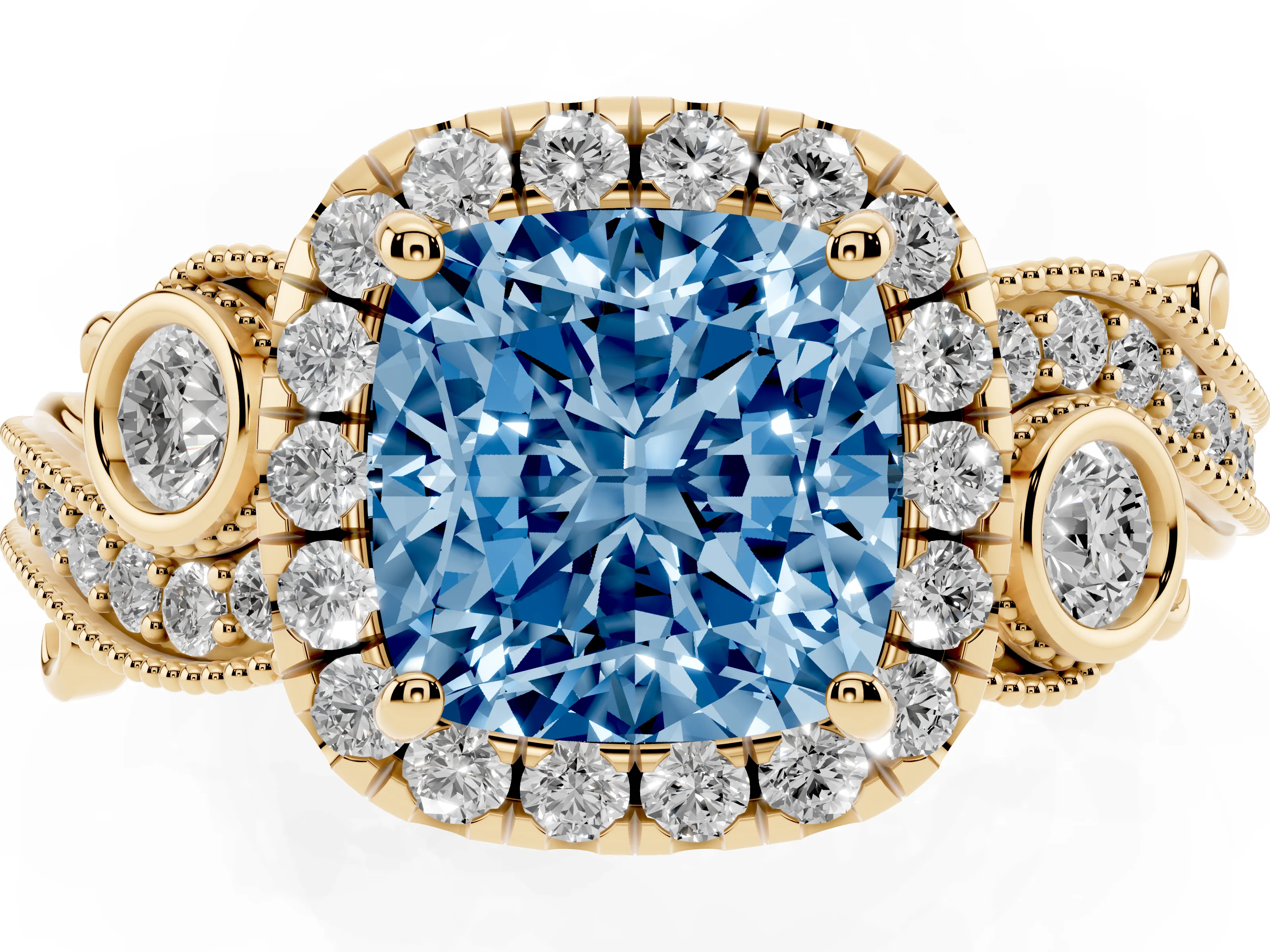 Fancy Blue Cushion Cut Diamond Halo Ring Set in Yellow gold with Milgrain Pavé Band and Prong Setting