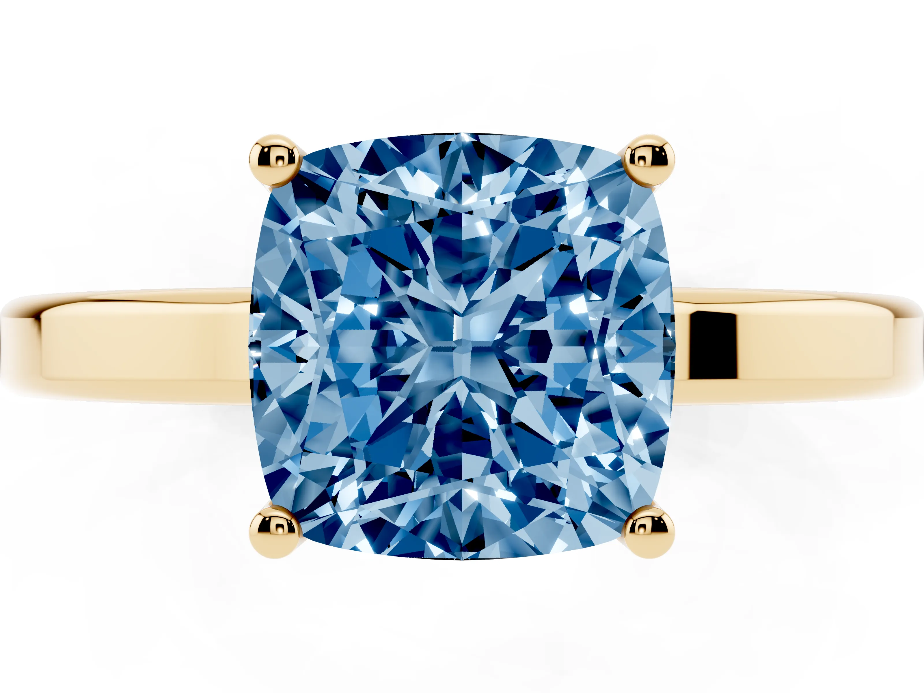 Fancy Blue Cushion Cut Diamond Solitaire Engagement Ring Set in Yellow gold with Prong Setting on a Plain Band