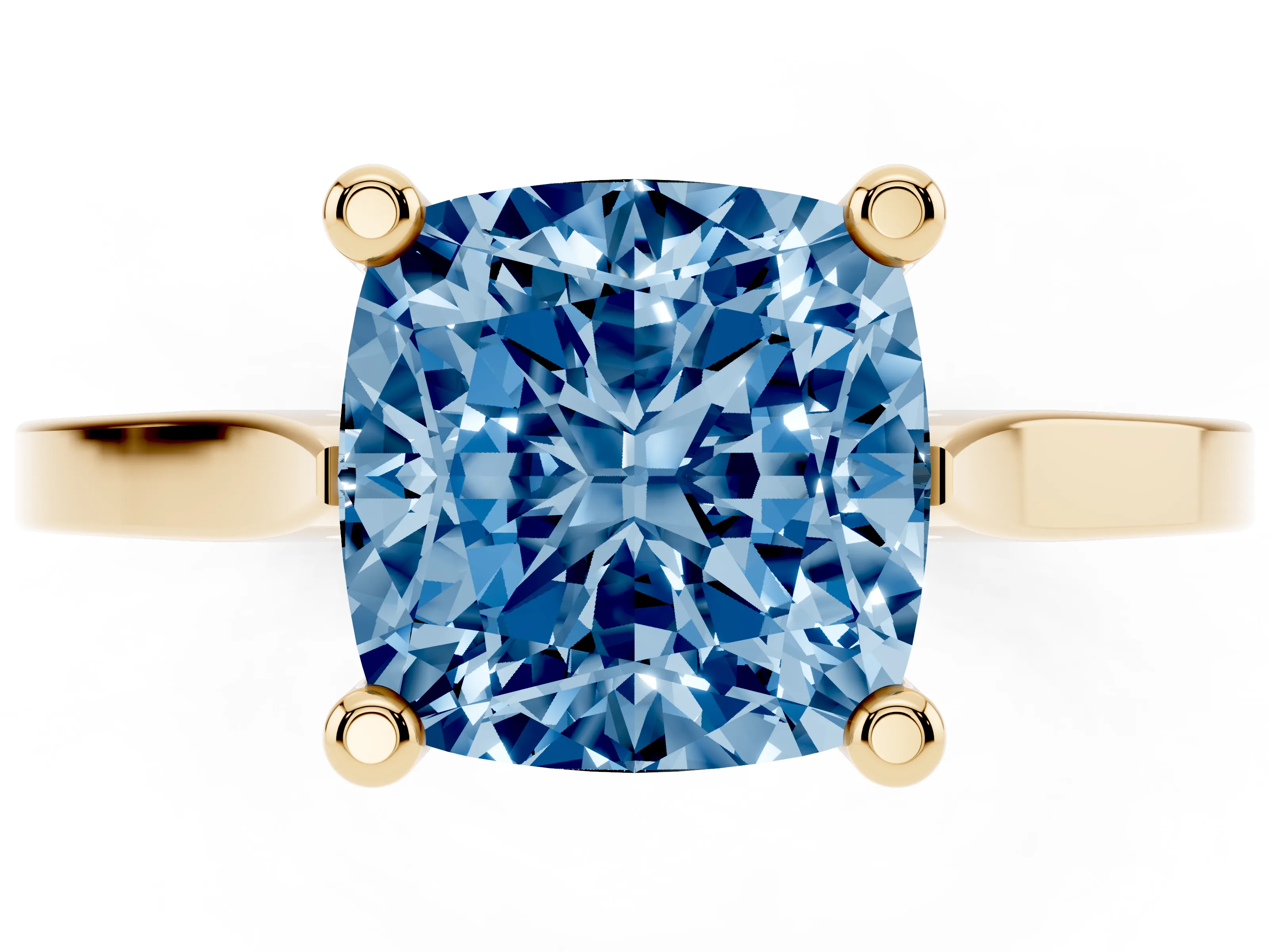 Fancy Blue Cushion Cut Diamond Solitaire Ring Set in Yellow gold with Prong Setting and Tapered Band