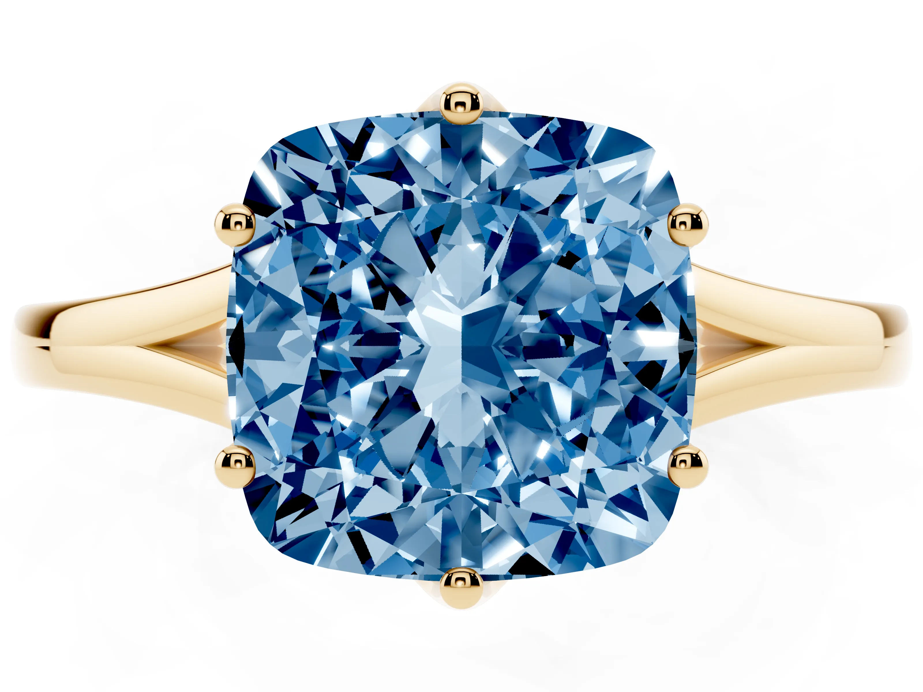 Fancy Blue Cushion Cut Diamond Solitaire Ring Set in Yellow gold with Polished Tapered Band and Prong Setting