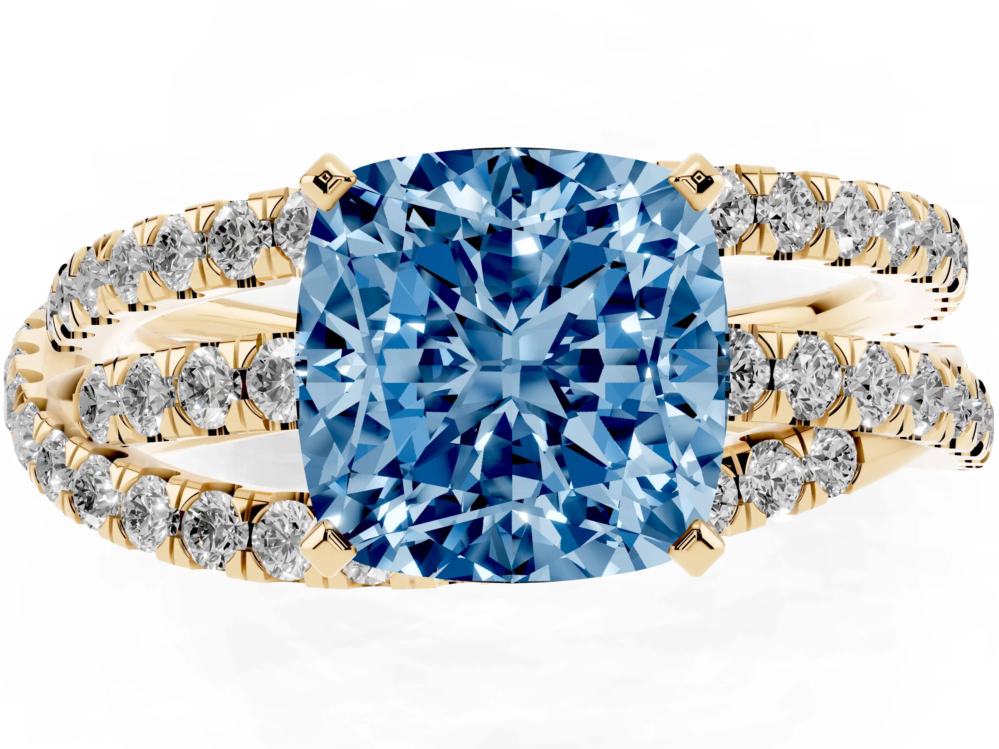 Fancy Blue Cushion Cut Diamond Solitaire Twist Band Ring Set in Yellow gold with Pavé Setting and Prong Head