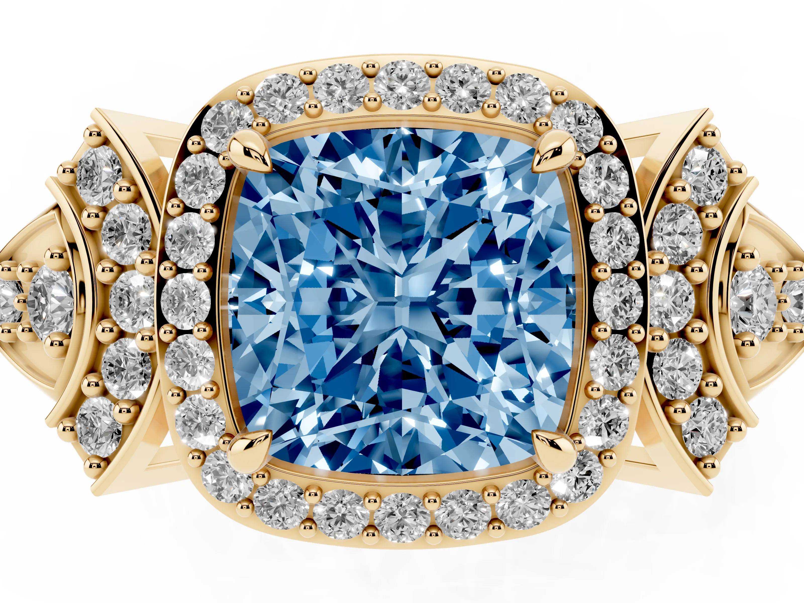 Fancy Blue Cushion Cut Diamond Halo Engagement Ring Set in Yellow gold with Accent Stone Split Shank