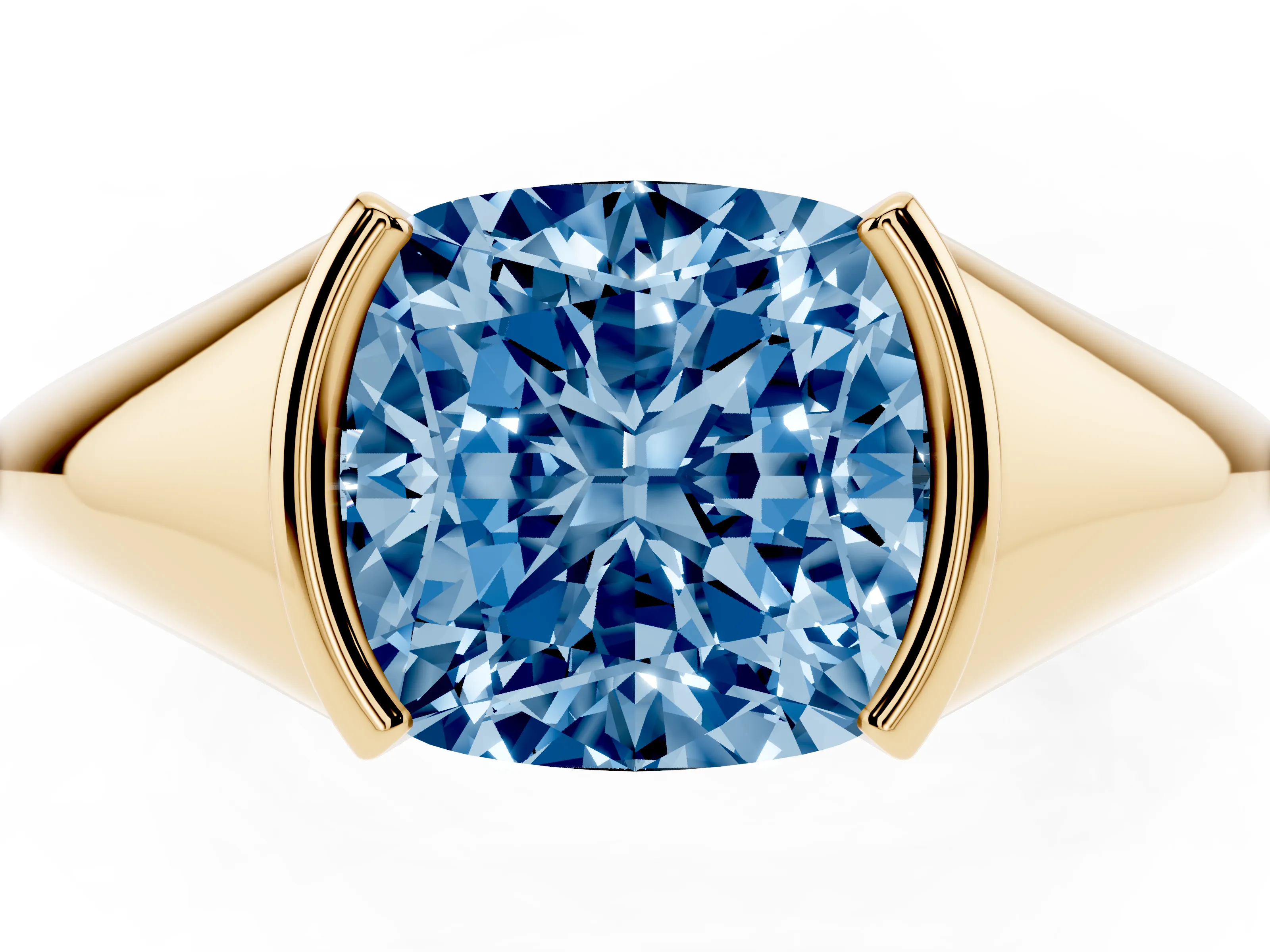Fancy Blue Cushion Cut Diamond Solitaire Tension Set Ring Set in Yellow gold