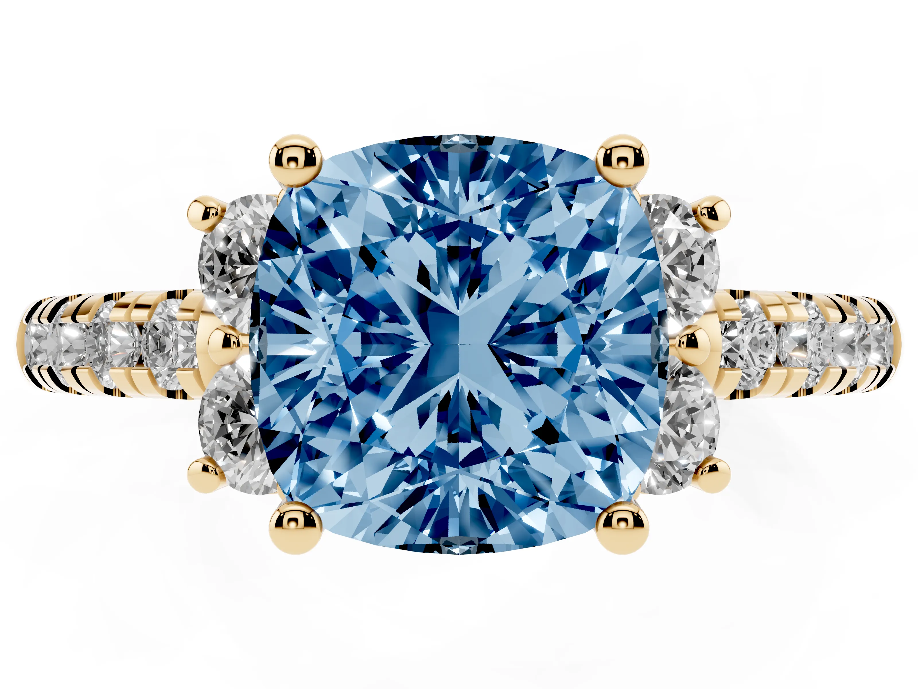 Fancy Blue Cushion Cut Diamond Three-Stone Pavé Ring Set in Yellow gold with Prong Setting