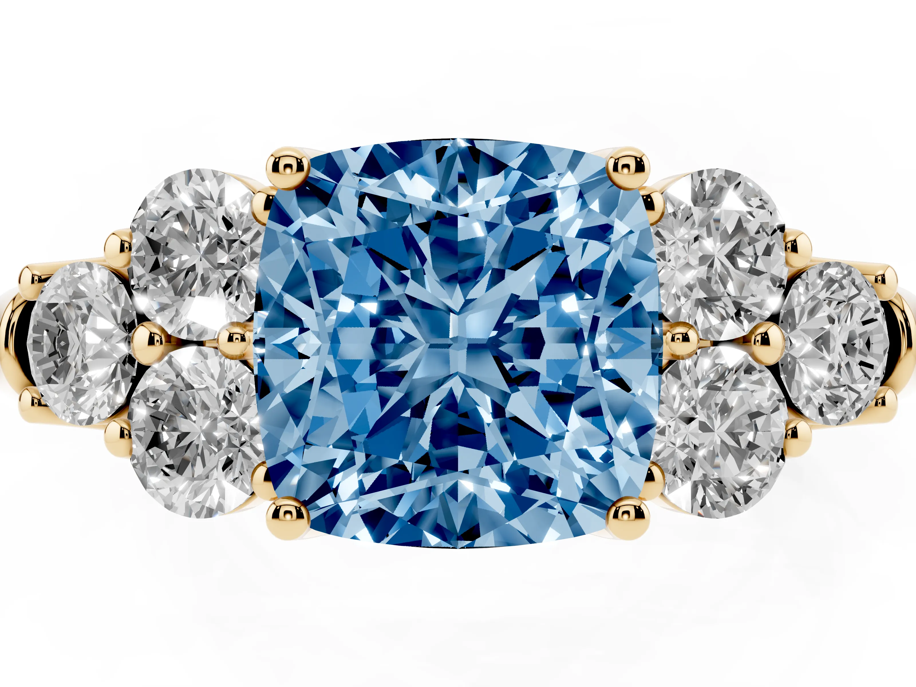 Fancy Blue Cushion Cut Diamond Cluster Ring Set in Yellow gold with Round Accent Stones and Prong Setting on a Plain Band