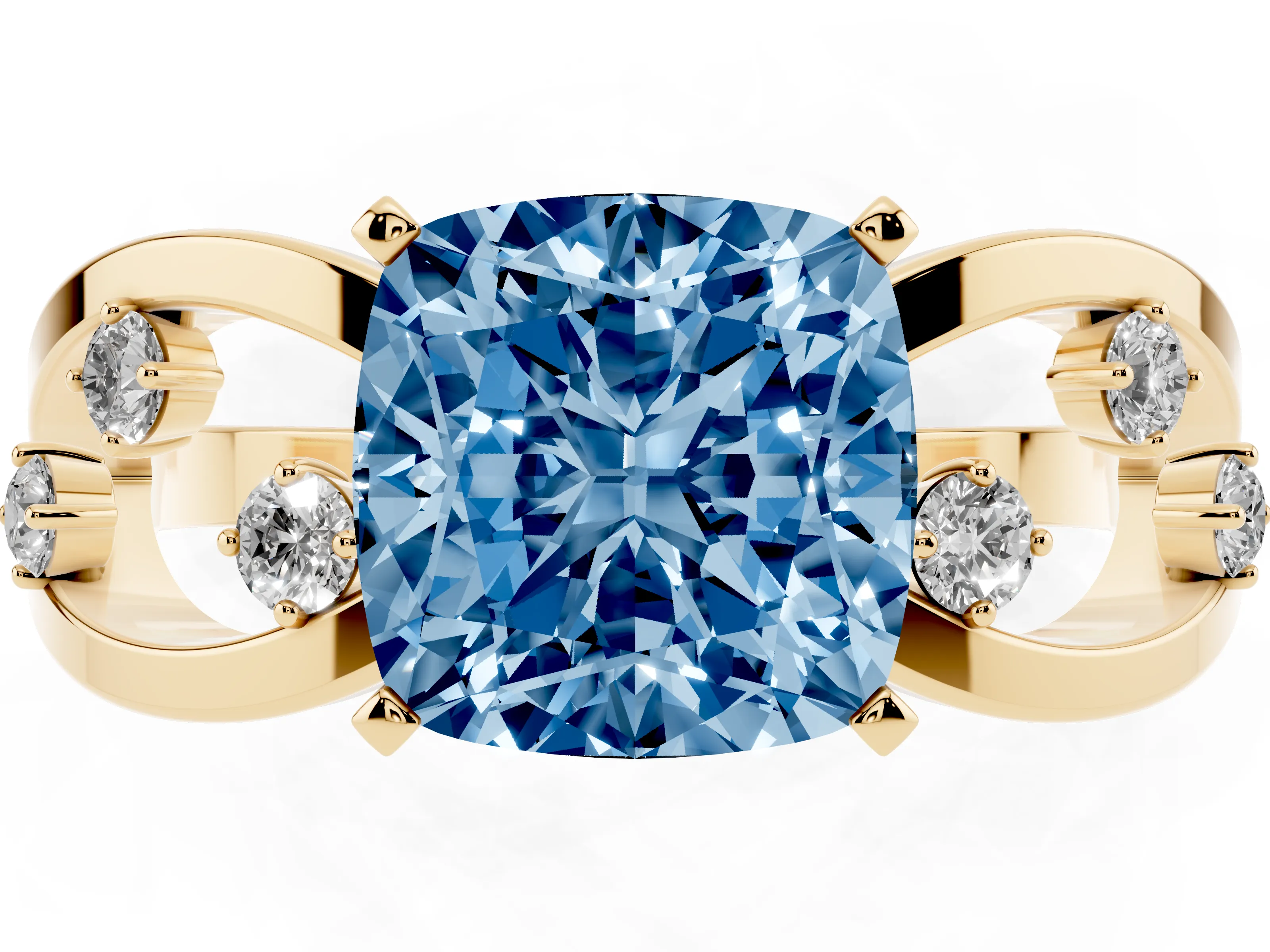 Fancy Blue Cushion Cut Diamond Solitaire Ring Set in Yellow gold with Side Stones on Criss-Cross Band and Prong Setting
