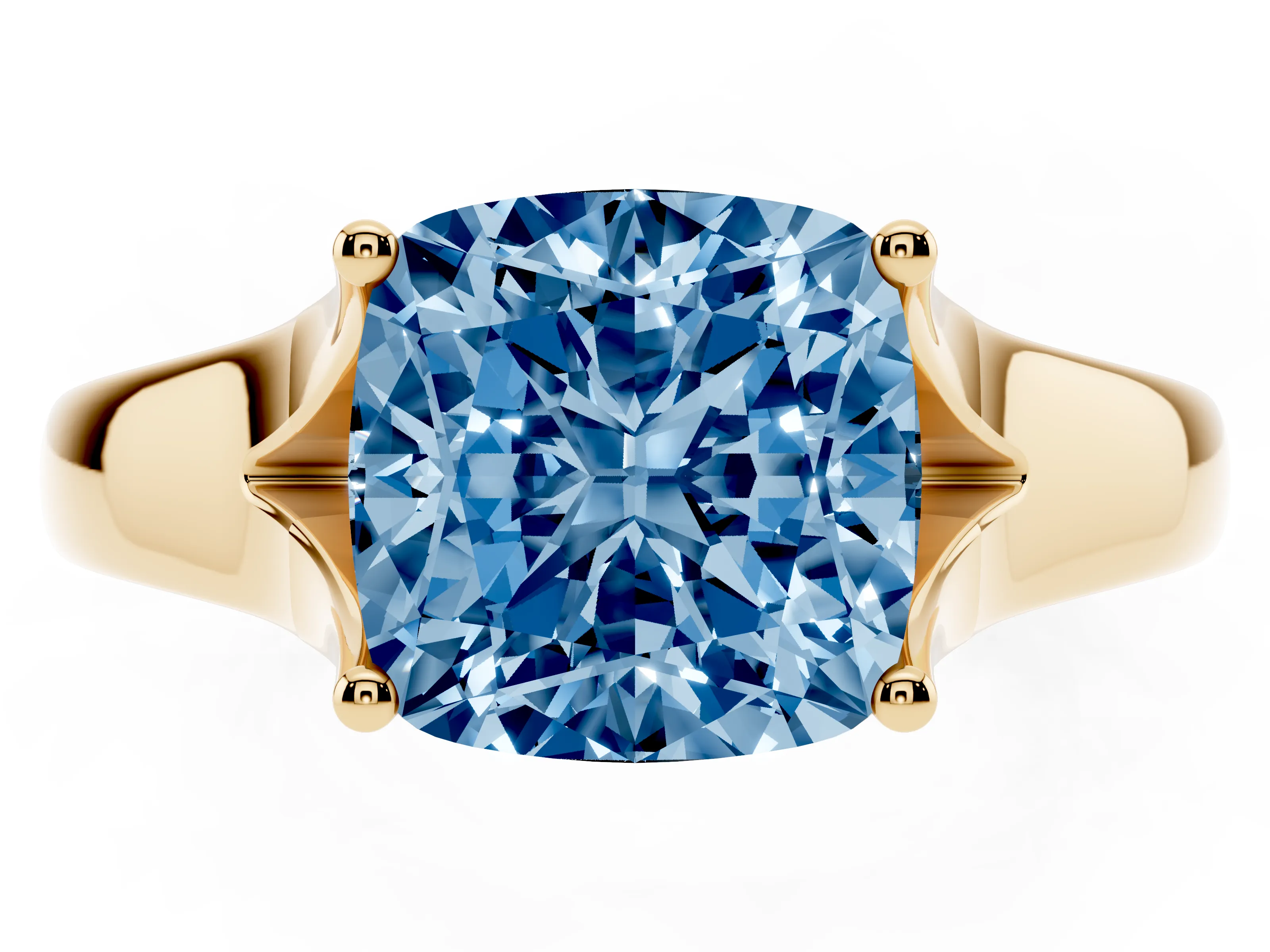 Fancy Blue Cushion Cut Diamond Solitaire Ring Set in Yellow gold with Arched Cathedral Band and Prong Setting