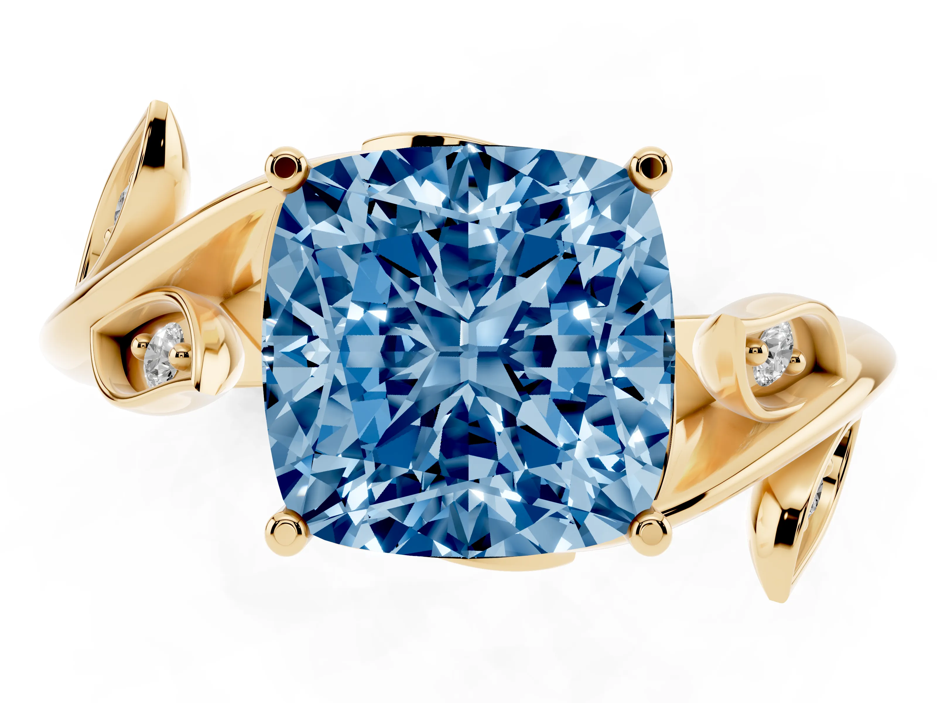 Fancy Blue Cushion Cut Diamond Solitaire Twist Engagement Ring Set in Yellow gold with Pavé Leaf Accents