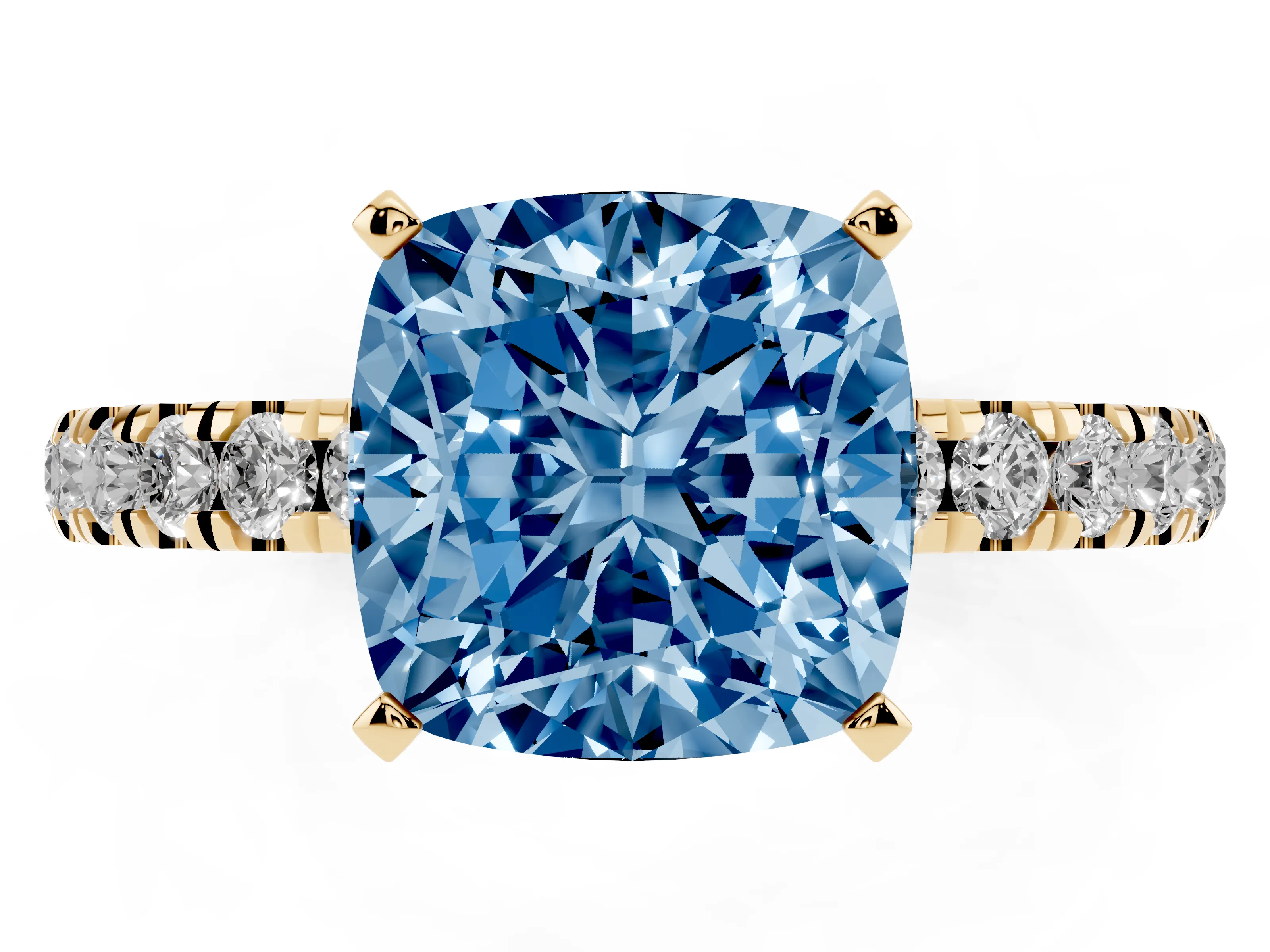 Fancy Blue Cushion Cut Diamond Solitaire Ring Set in Yellow gold with Pavé Accents and Prong Setting