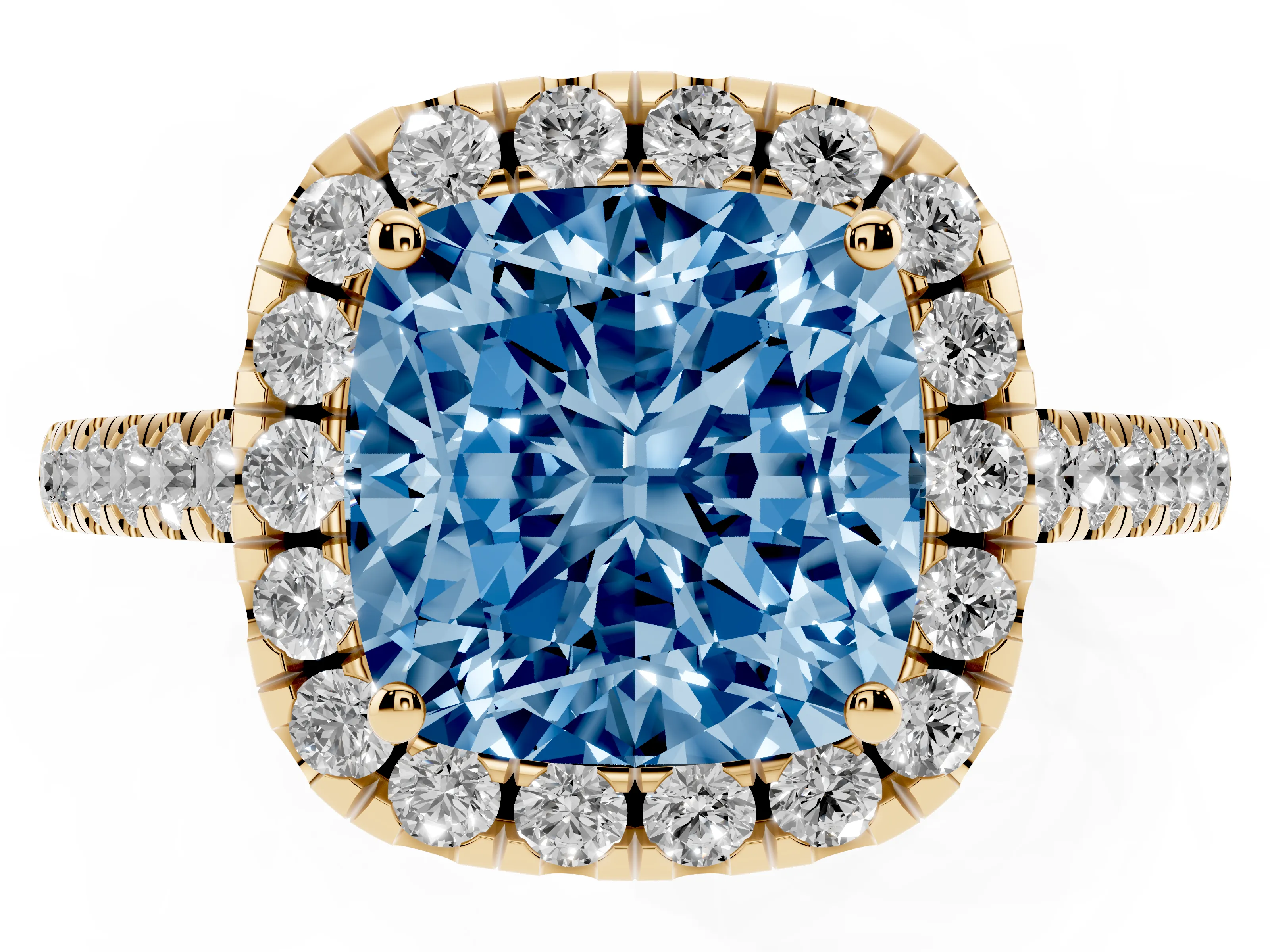 Fancy Blue Cushion Cut Diamond Pavé Halo Engagement Ring Set in Yellow gold with Pavé Band and Prong Setting