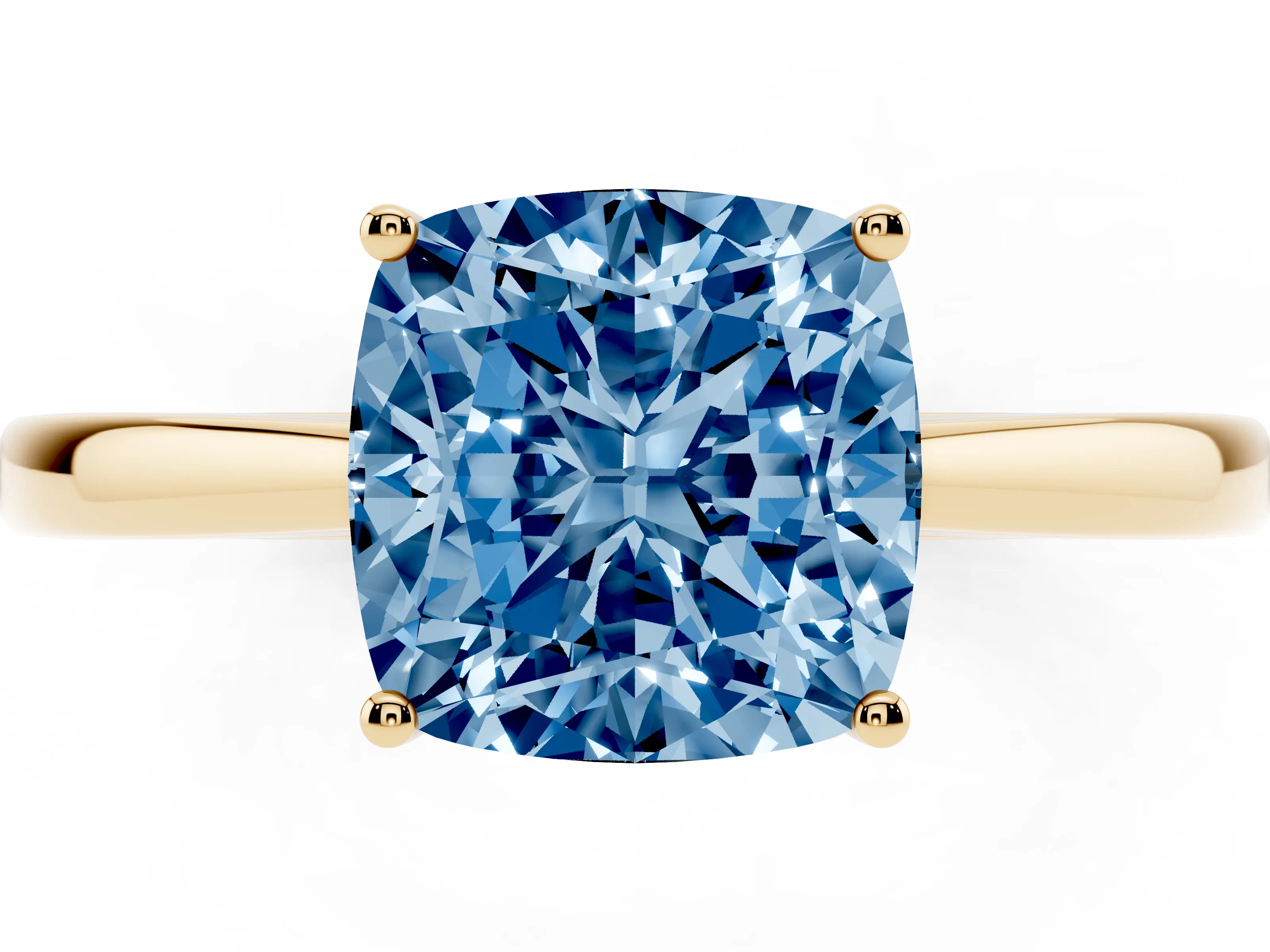 Fancy Blue Cushion Cut Diamond Solitaire Ring Set in Yellow gold with Split Shank and Prong Setting