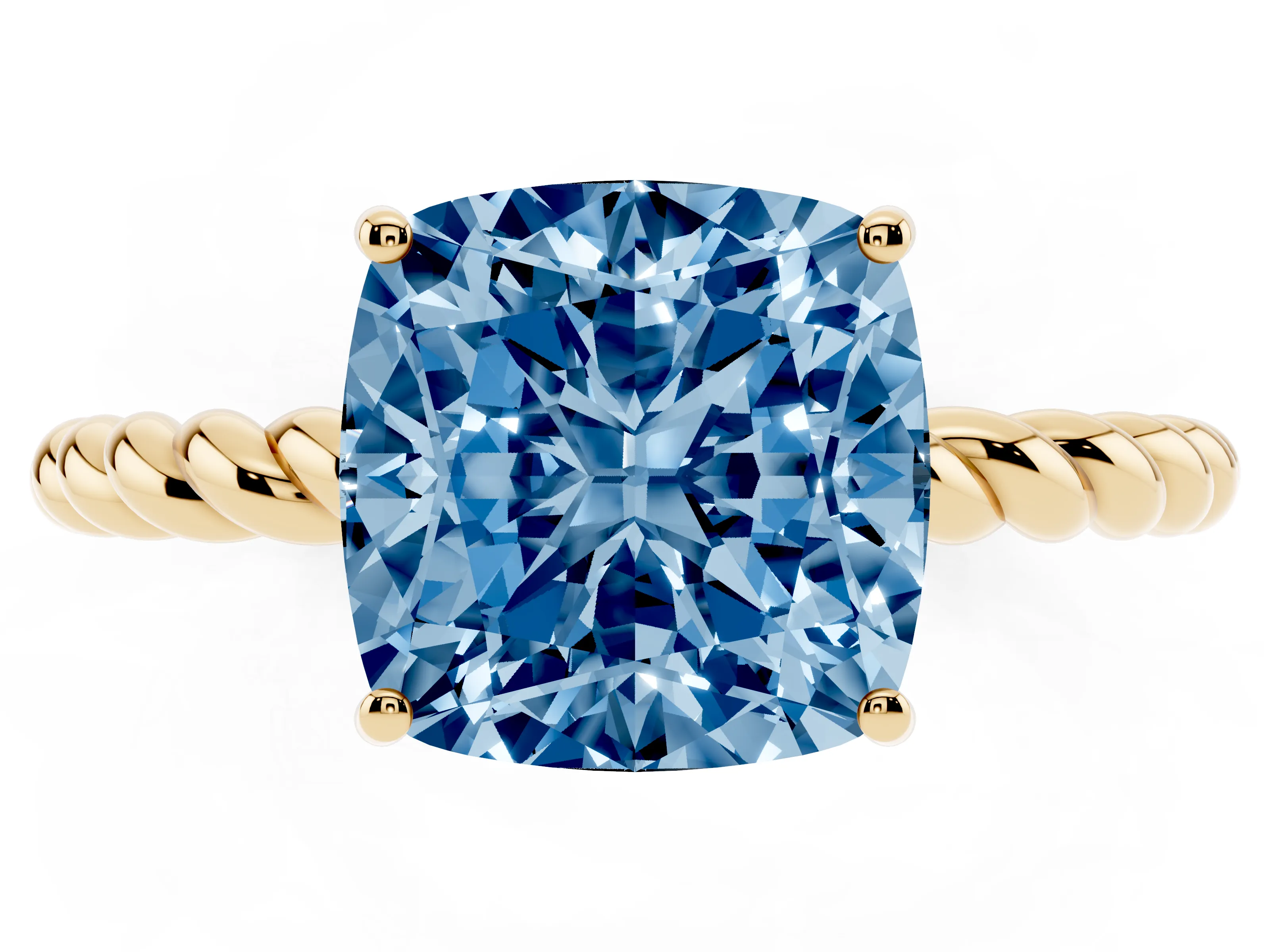 Fancy Blue Cushion Cut Diamond Solitaire Ring Set in Yellow gold with Twist Band and Prong Setting