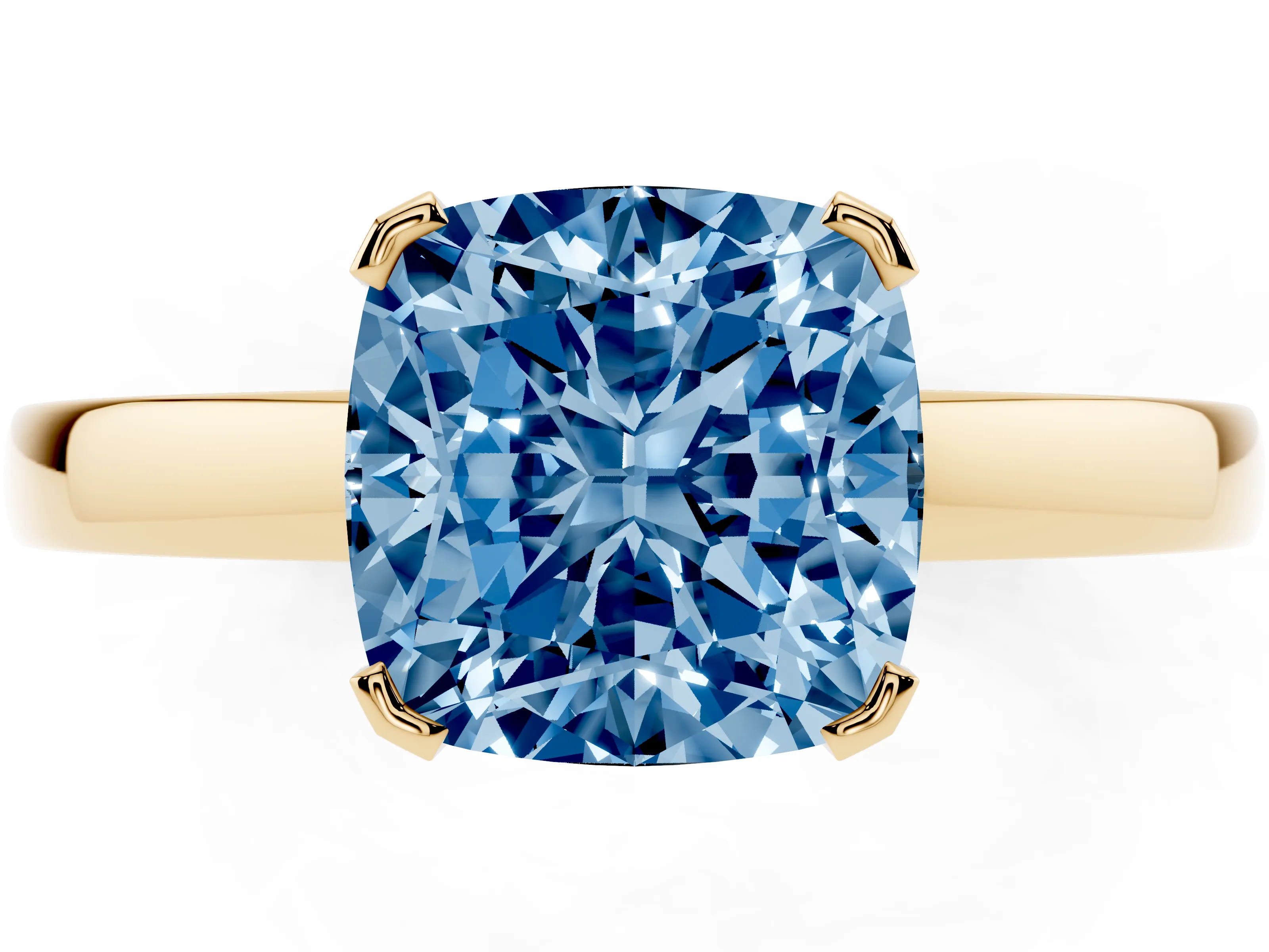 Fancy Blue Cushion Cut Diamond Solitaire Ring Set in Yellow gold with Prong Head and Smooth Polished Band