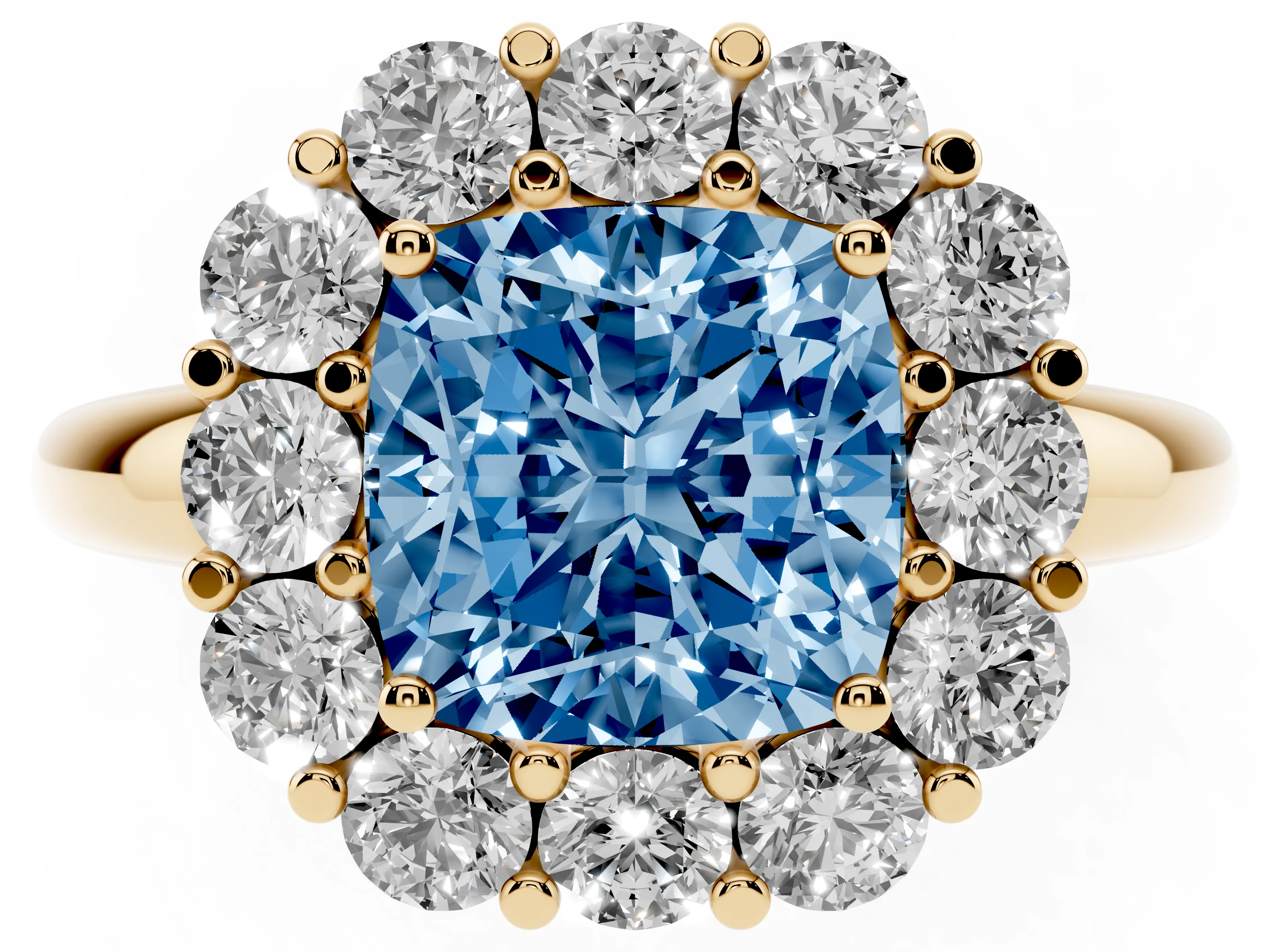 Fancy Blue Cushion Cut Diamond Halo Cluster Engagement Ring Set in Yellow gold with Polished Band and Prong Setting