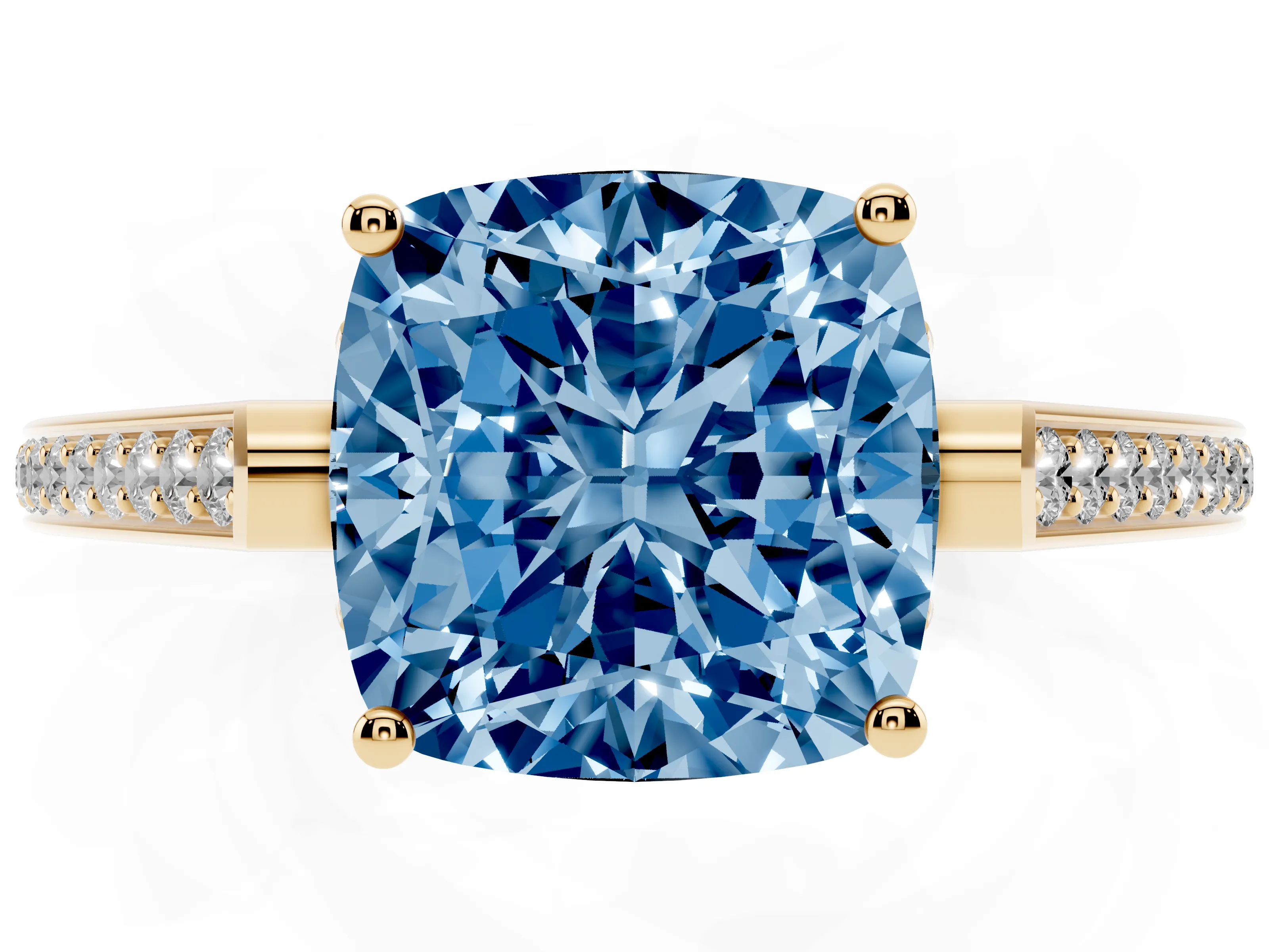 Fancy Blue Cushion Cut Diamond Cathedral Pavé Engagement Ring Set in Yellow gold with Prong Setting