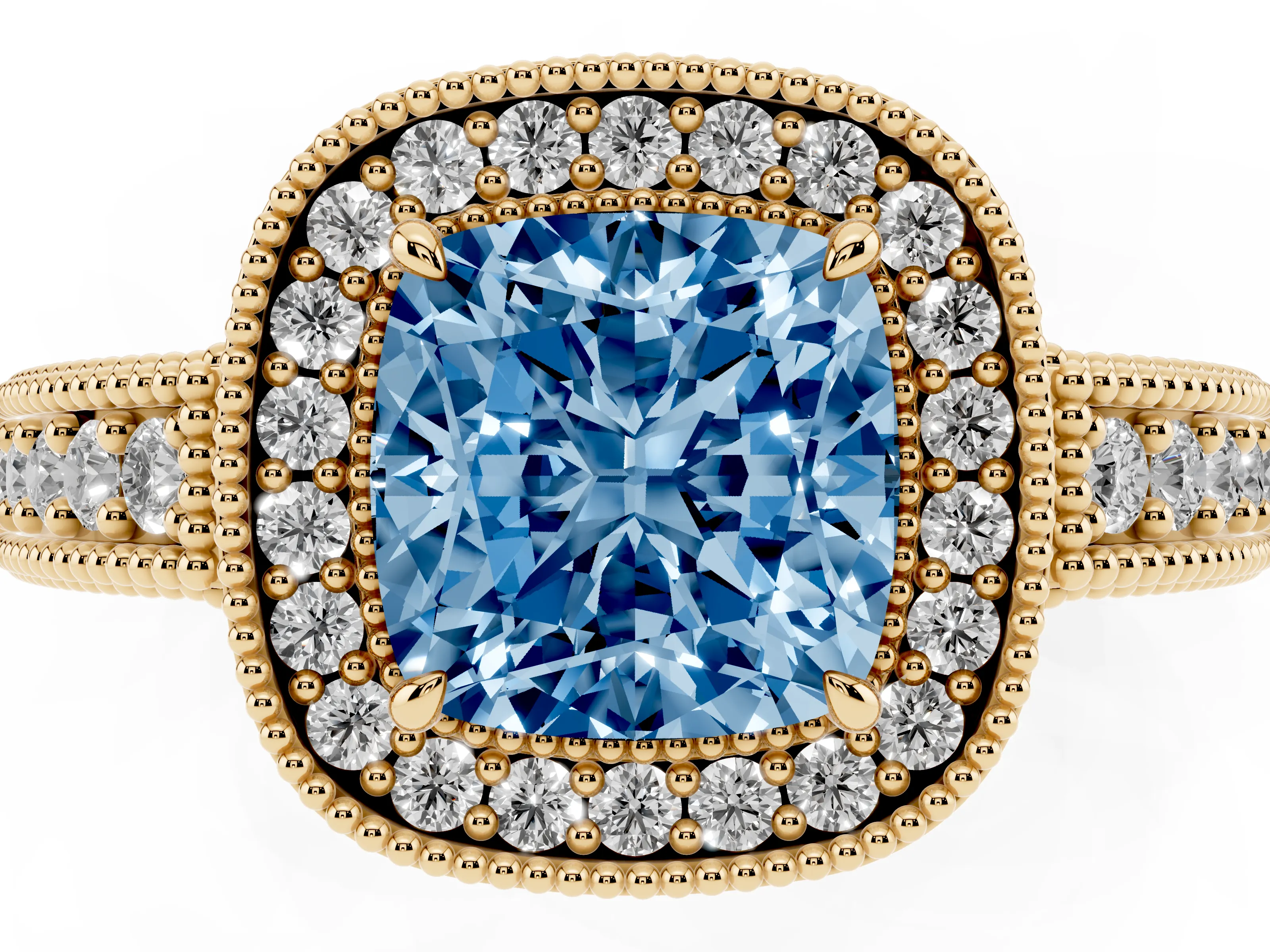Fancy Blue Cushion Cut Diamond Halo Ring Set in Yellow gold with Round Accent Halo, Pavé Band and Prong Setting