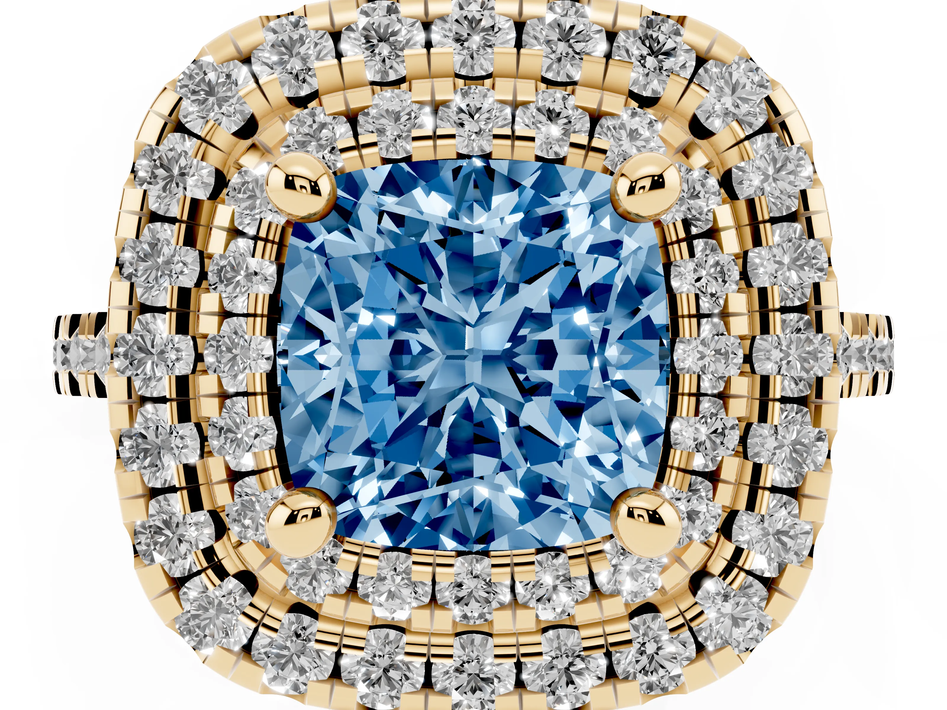 Fancy Blue Cushion Cut Diamond Double Halo Statement Ring Set in Yellow gold with Pavé Band