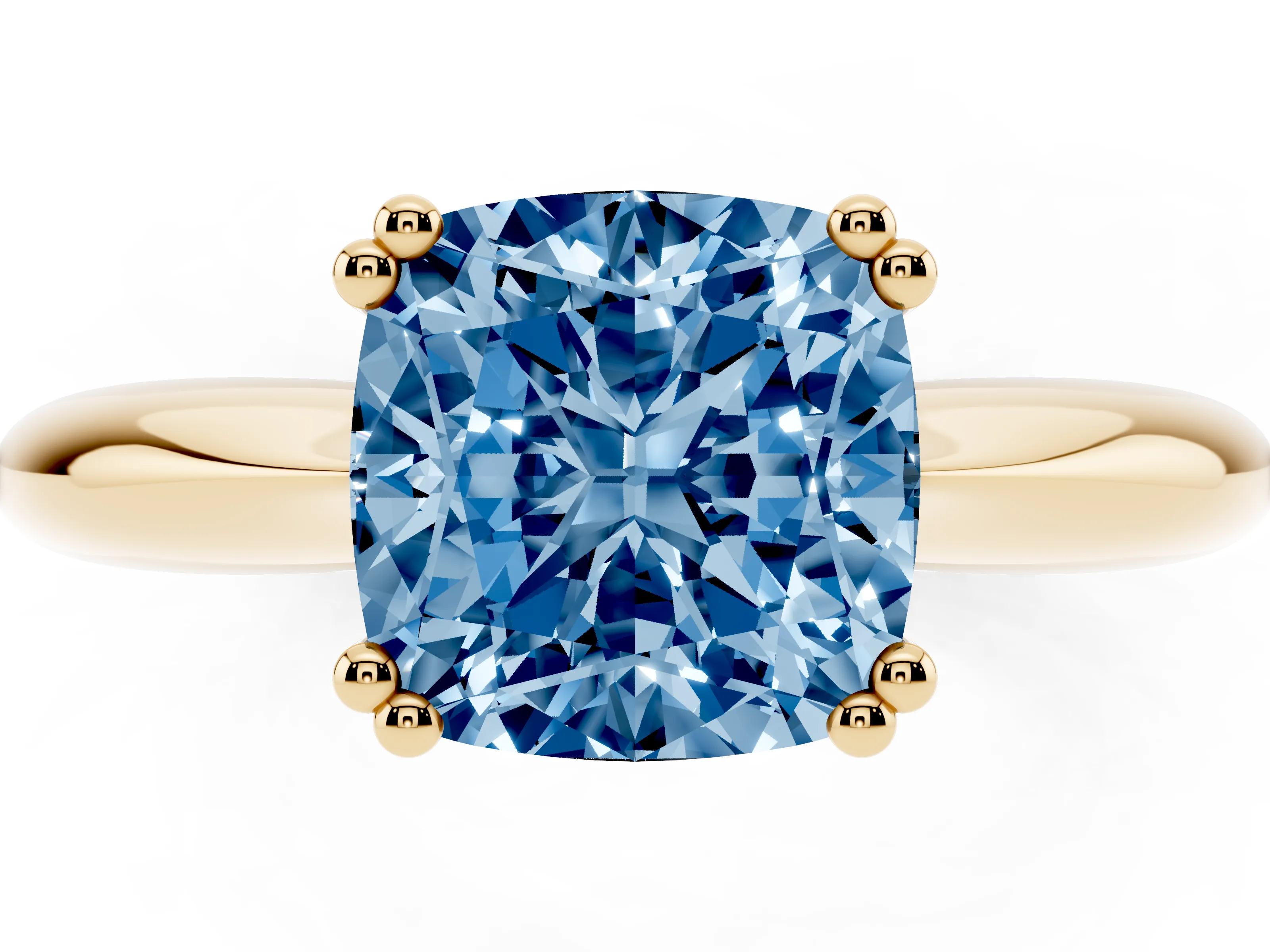 Fancy Blue Cushion Cut Diamond Solitaire Engagement Ring Set in Yellow gold with Tapered Band and Prong Setting