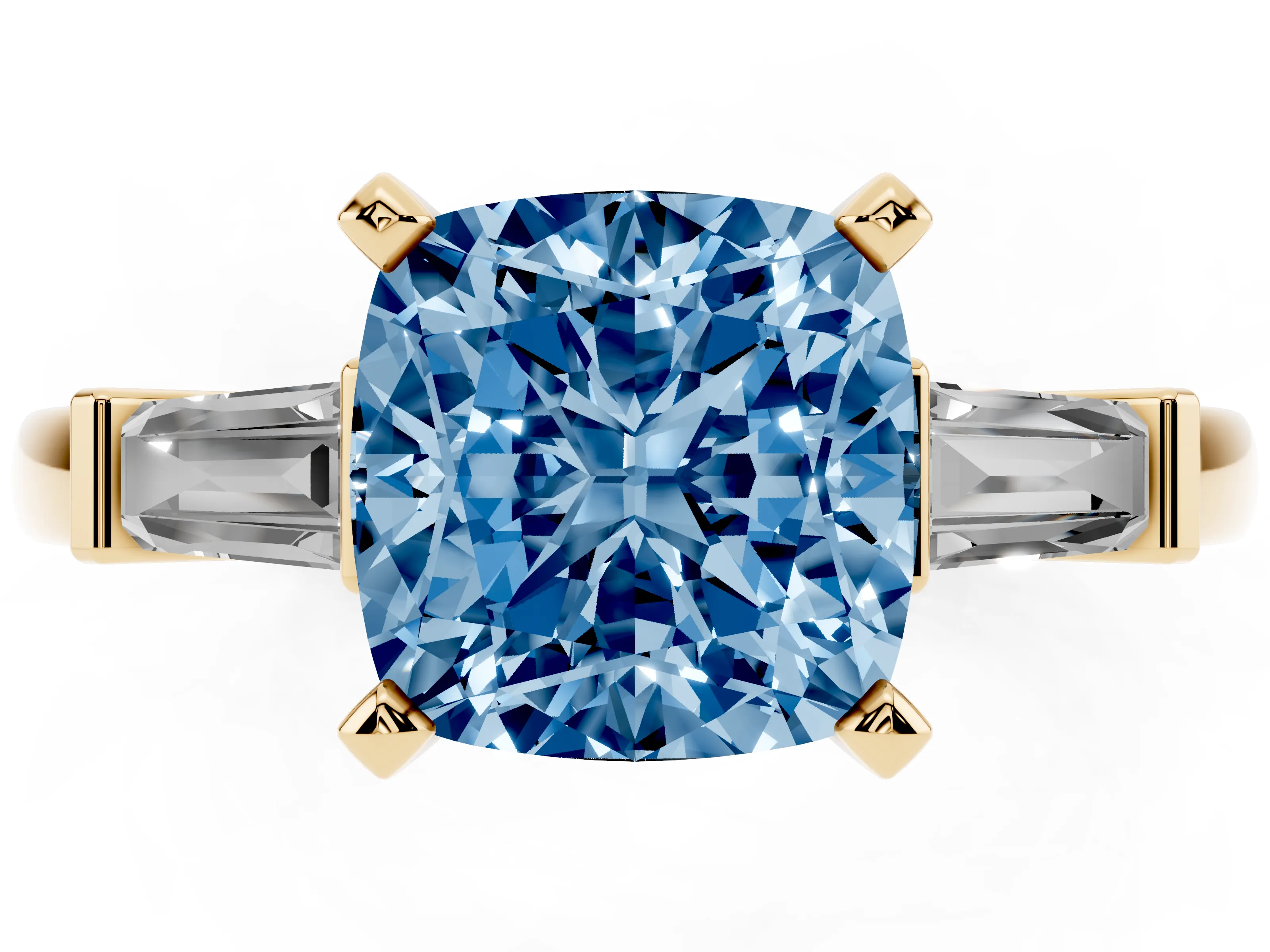 Fancy Blue Cushion Cut Diamond Solitaire Ring Set in Yellow gold with Tapered Baguette Accents and Prong Setting