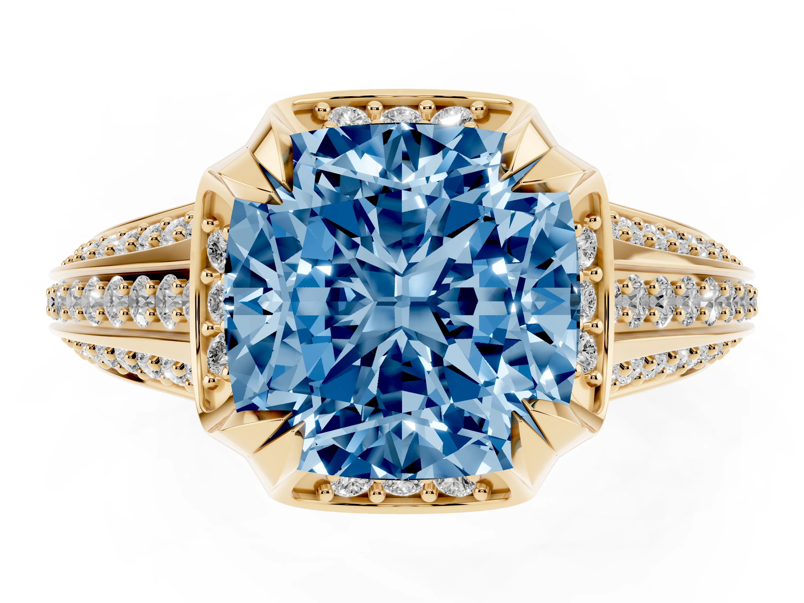Fancy Blue Cushion Cut Diamond Pavé Split Shank Solitaire Ring Set in Yellow gold with Prong Setting