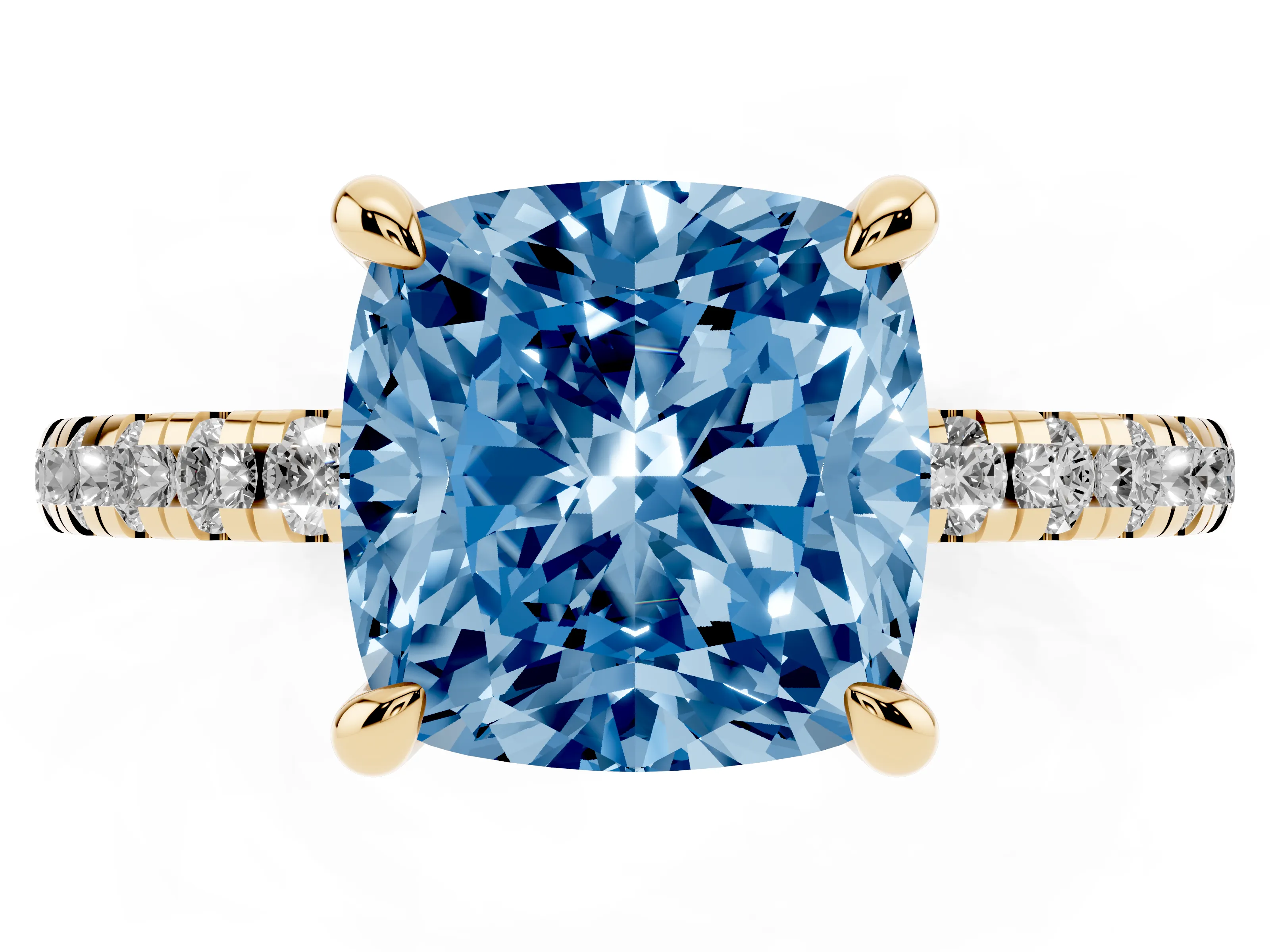 Fancy Blue Cushion Cut Diamond Brilliant Solitaire Ring Set in Yellow gold with Pavé Band and Prong Setting