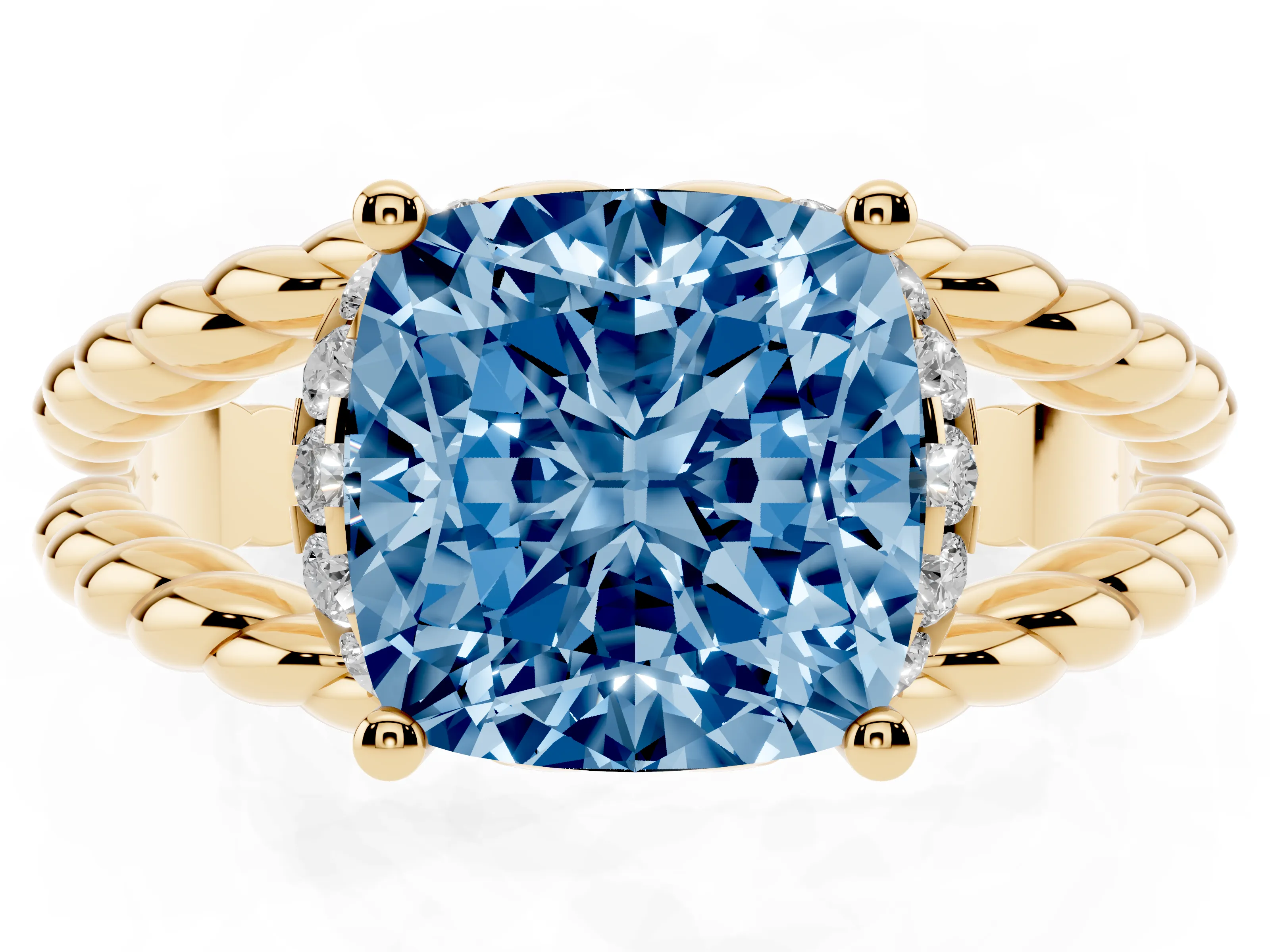 Fancy Blue Cushion Cut Diamond Halo Ring Set in Yellow gold with Twisted Band and Prong Setting