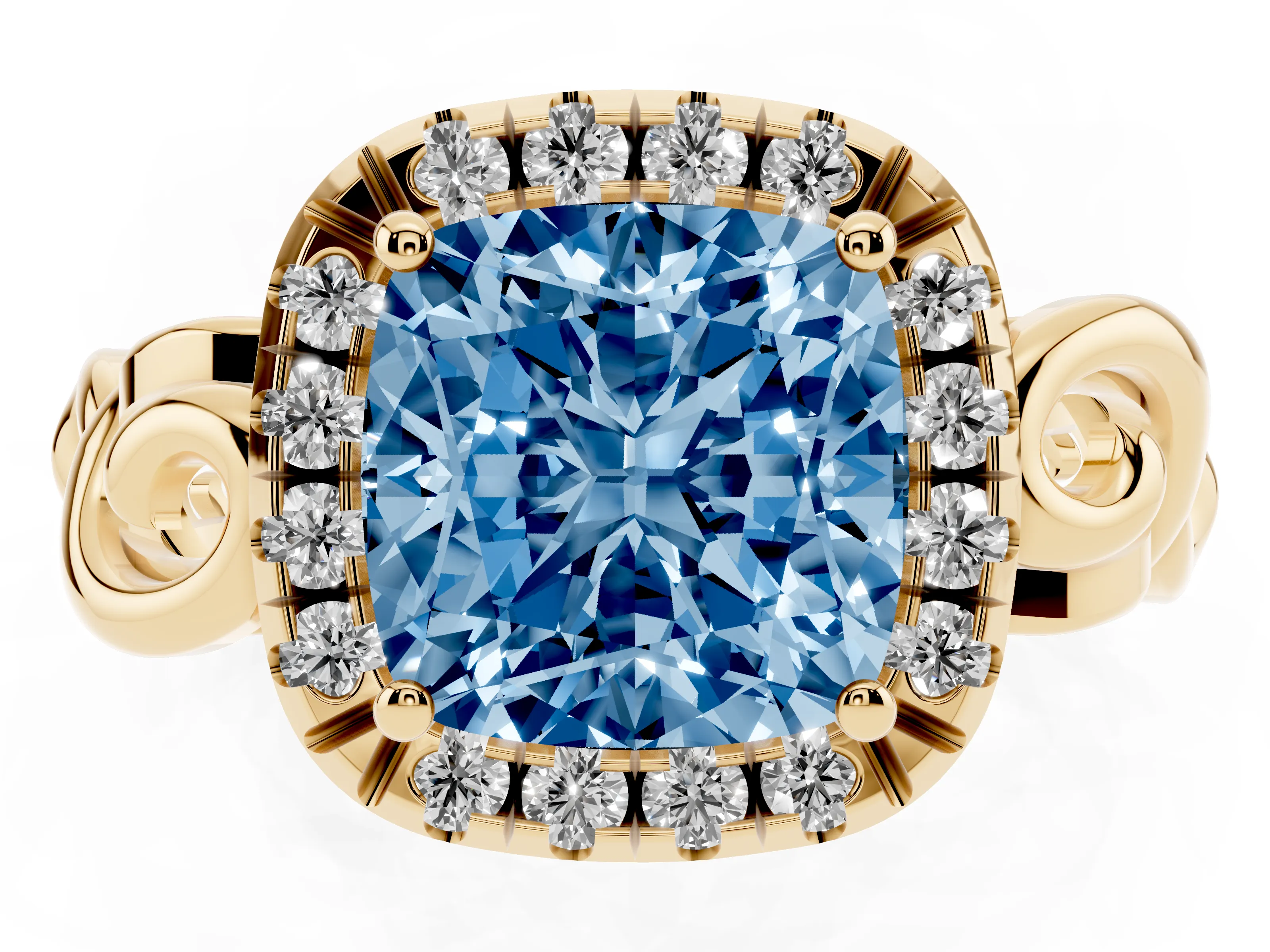 Fancy Blue Cushion Cut Diamond Halo Ring Set in Yellow gold with Scrollwork Band and Prong Setting